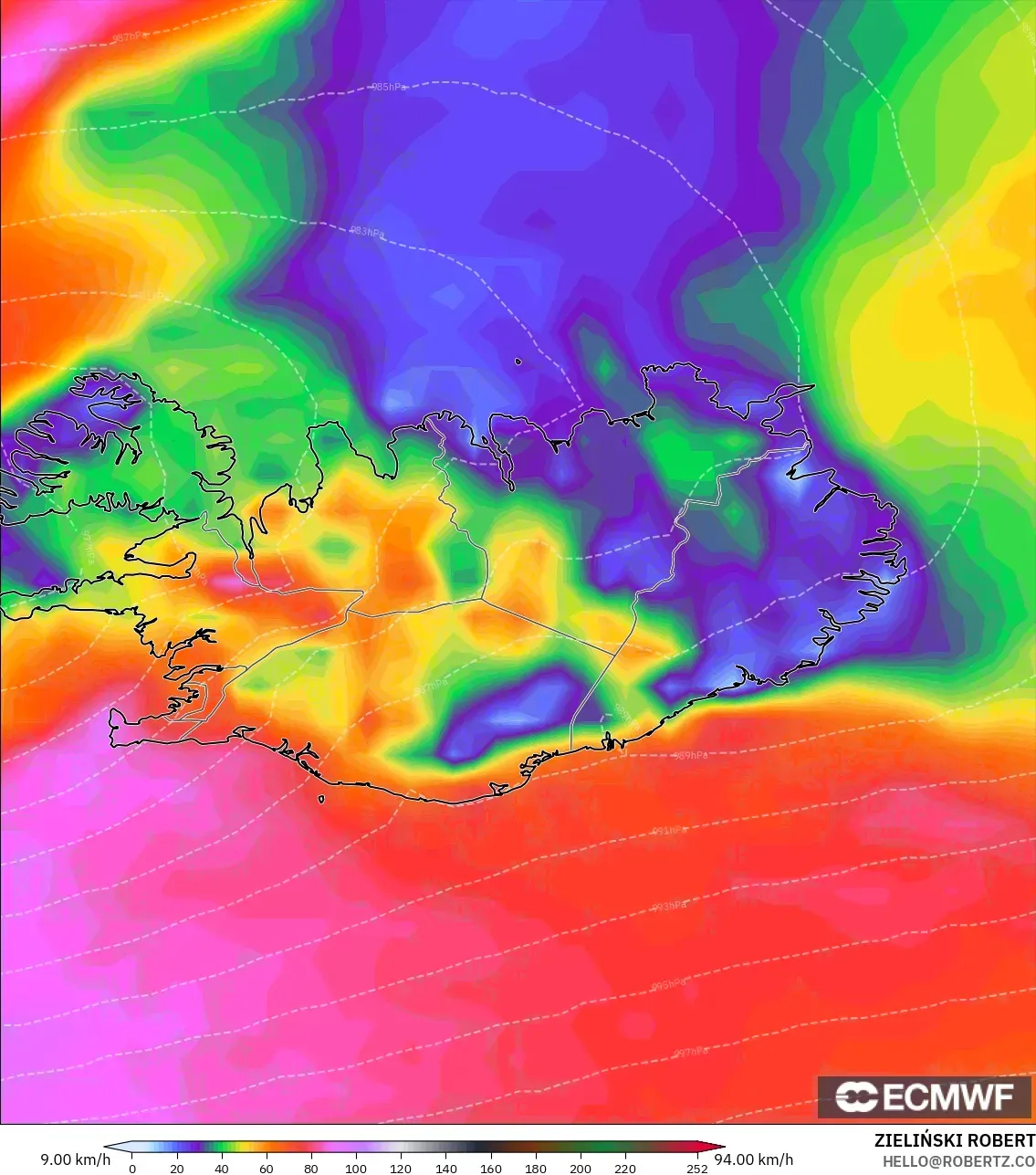 ECMWF IFS 0.25° modelo - Islandia, Ráfagas de viento