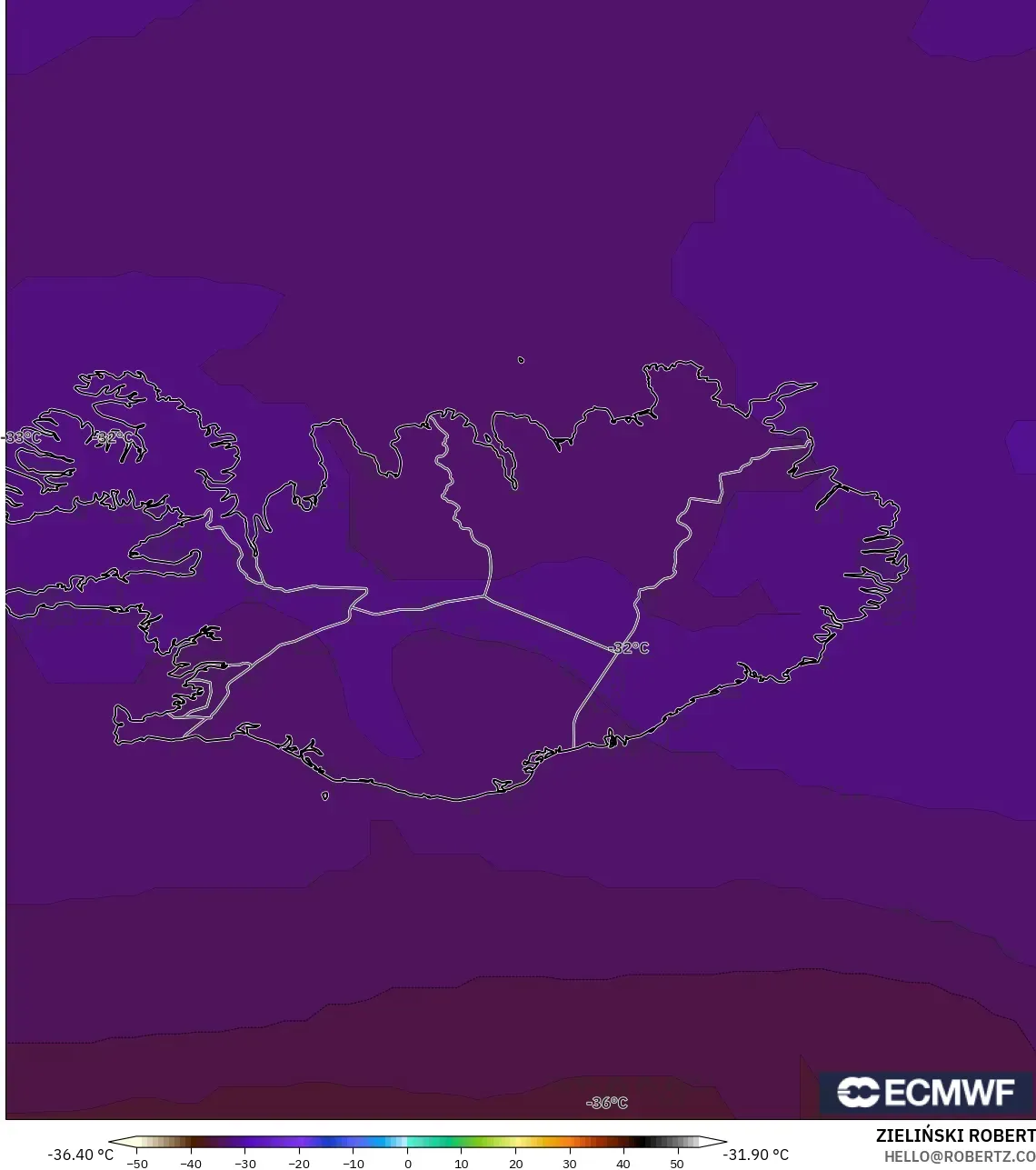 ECMWF IFS 0.25° modelo - Islandia, Temperatura a 500 hPa