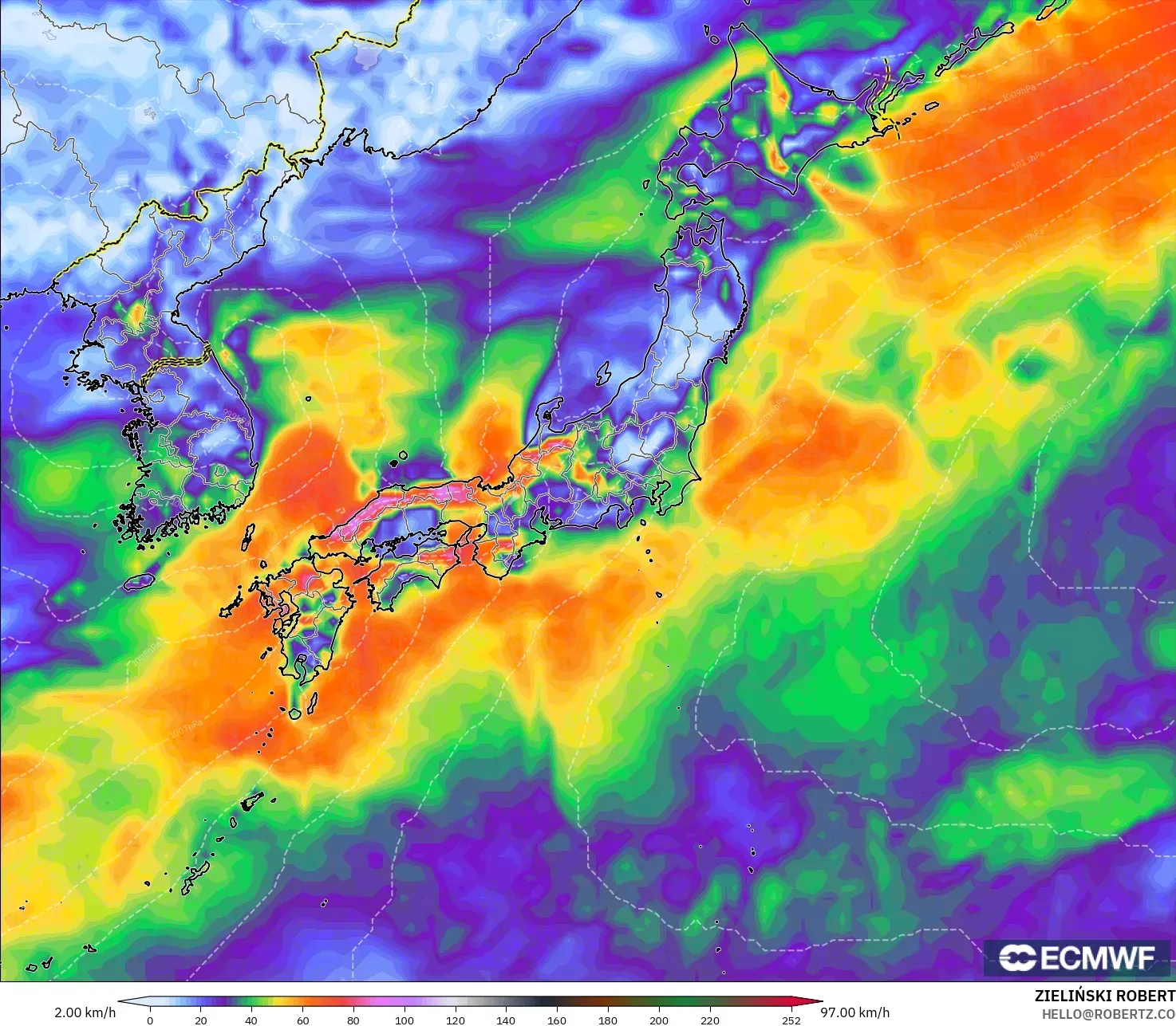 ECMWF IFS 0.25° modelo - Japón, Ráfagas de viento