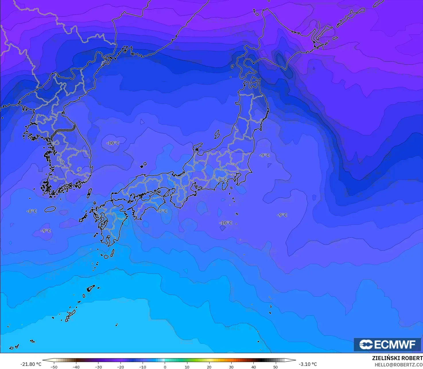 ECMWF IFS 0.25° modelo - Japón, Temperatura a 500 hPa