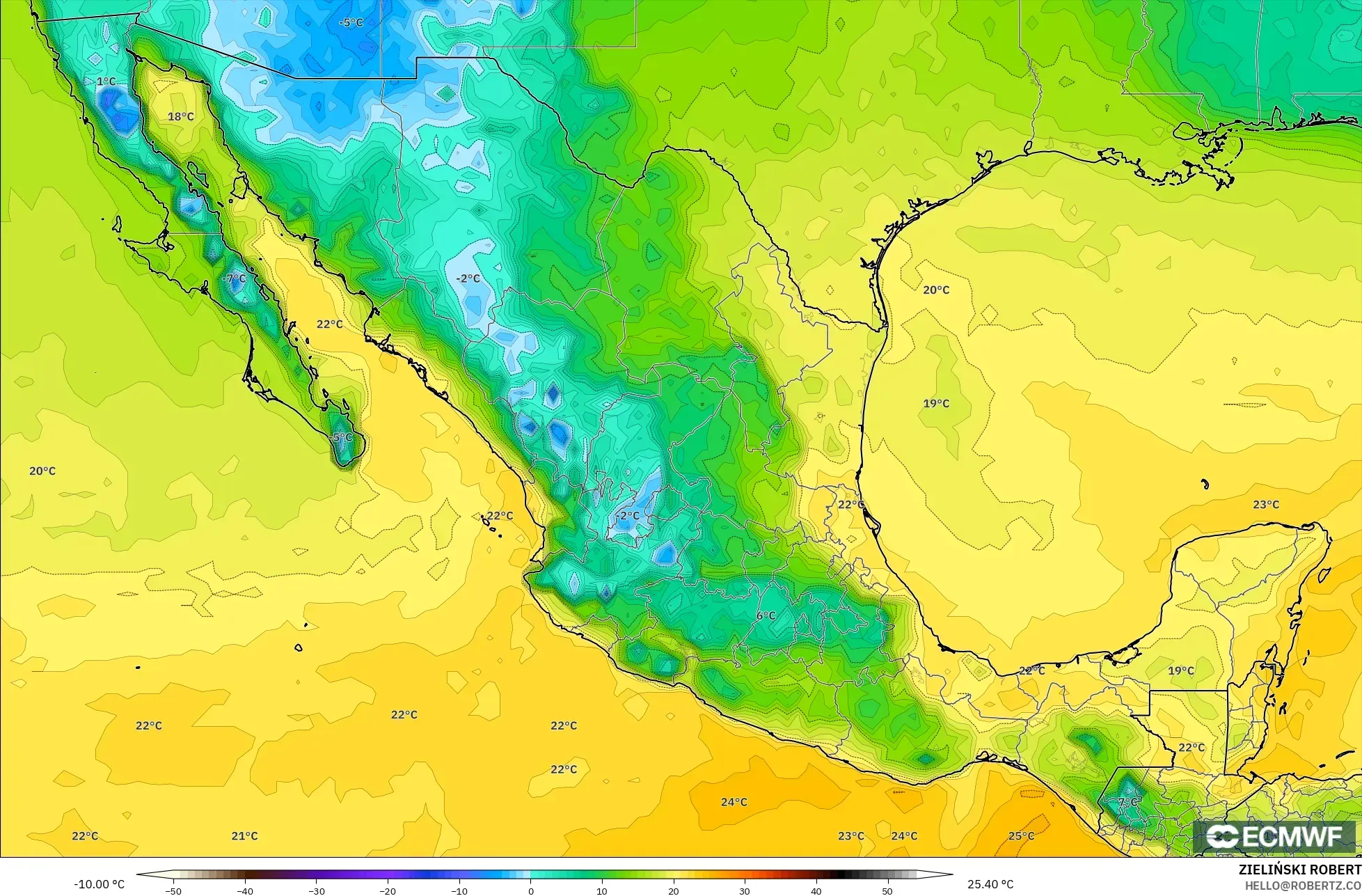 ECMWF IFS 0.25° modelo - México, Punto de rocío a 2 m