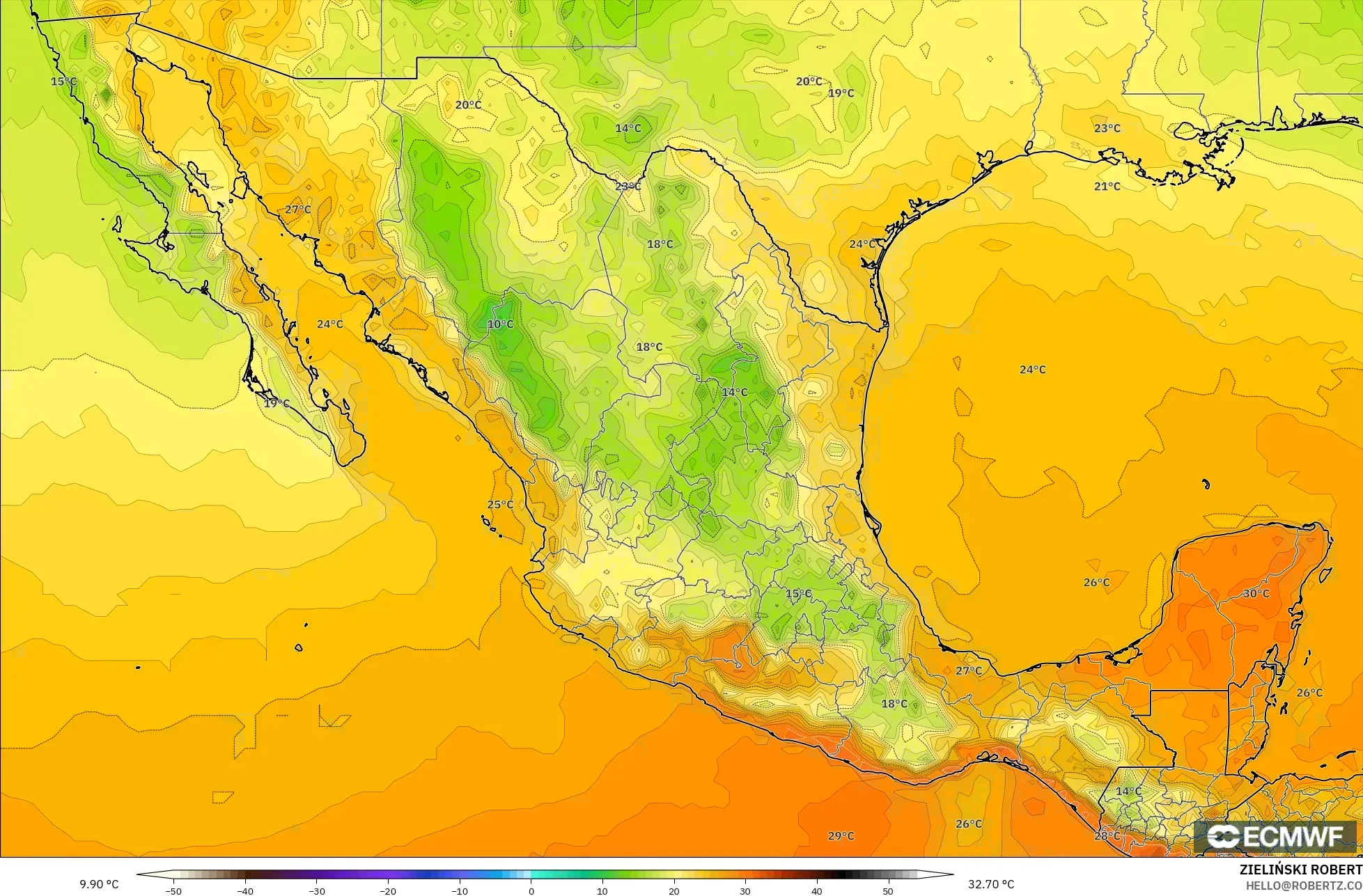 ECMWF IFS 0.25° modelo - México, Temperatura a 2 m