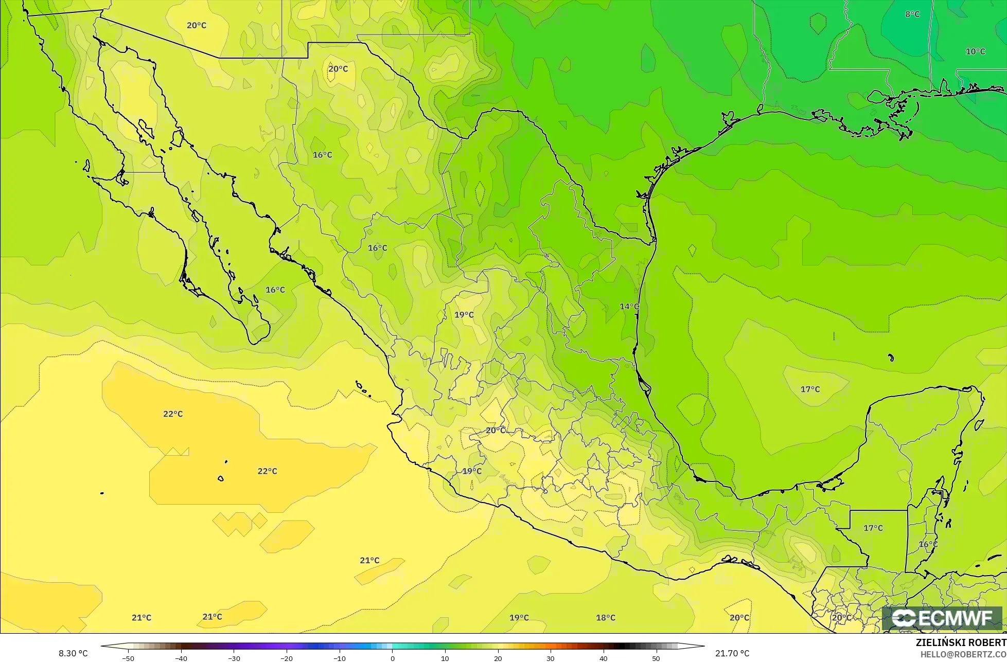 ECMWF IFS 0.25° modelo - México, Temperatura a 850 hPa