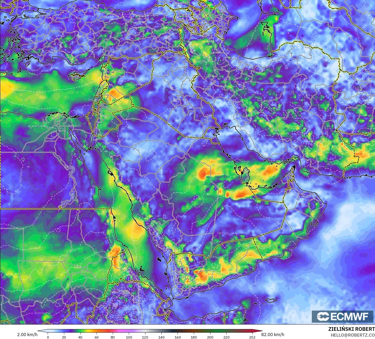 ECMWF IFS 0.25° modelo - Oriente Medio, Ráfagas de viento