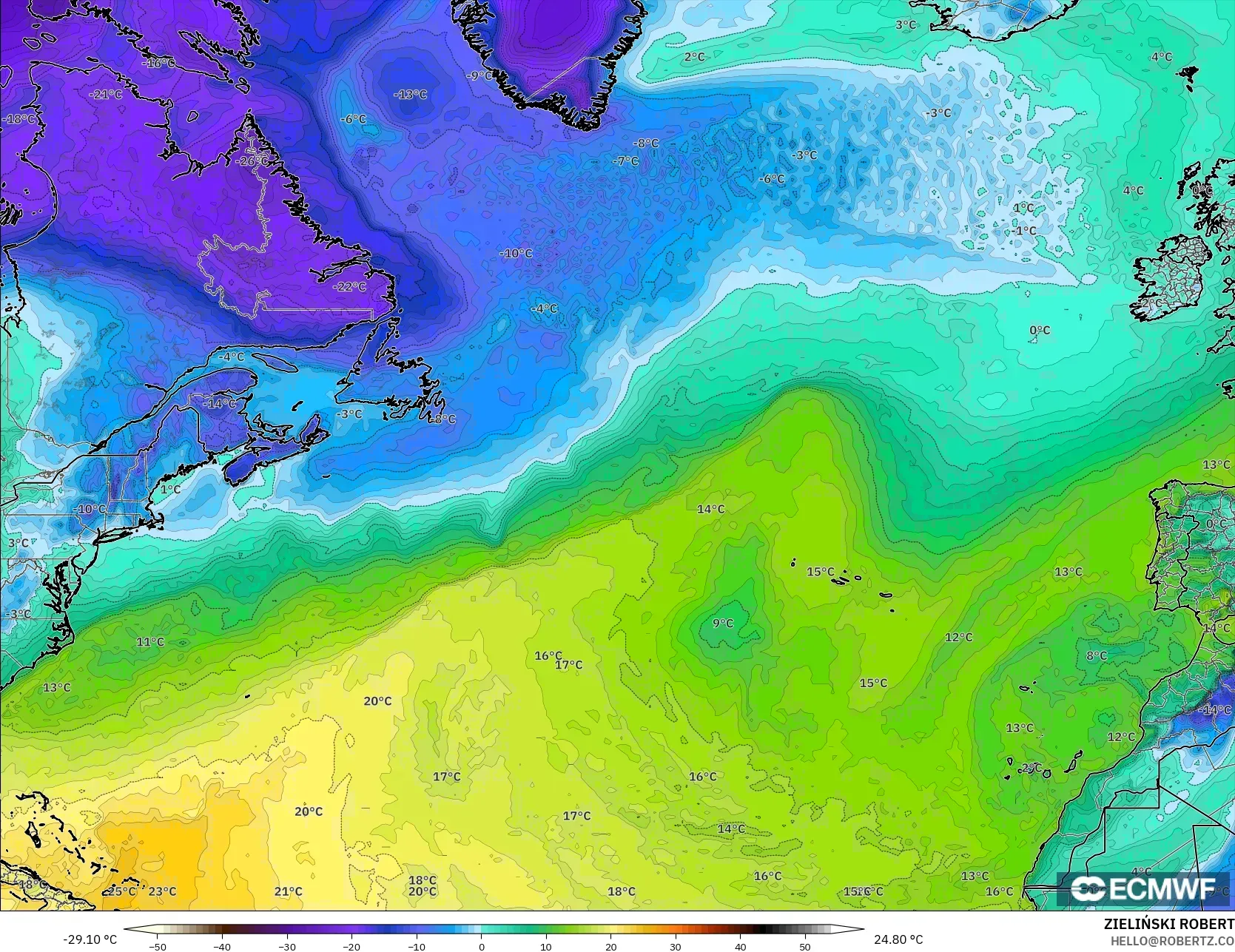 ECMWF IFS 0.25° modelo - Norte Atlántico, Punto de rocío a 2 m