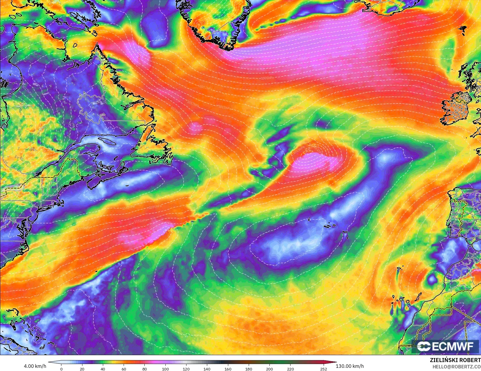 ECMWF IFS 0.25° modelo - Norte Atlántico, Ráfagas de viento