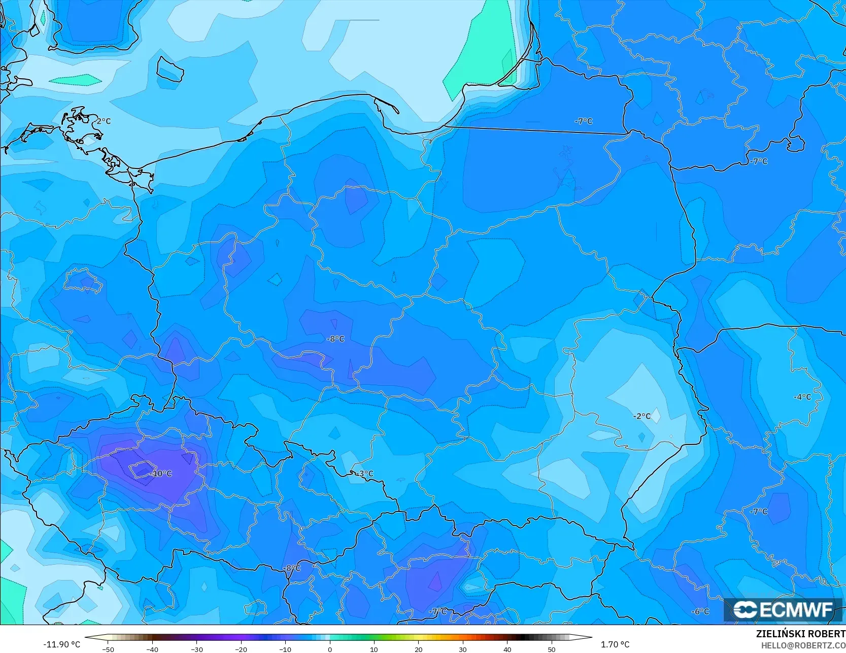 ECMWF IFS 0.25° modelo - Polonia, Punto de rocío a 2 m