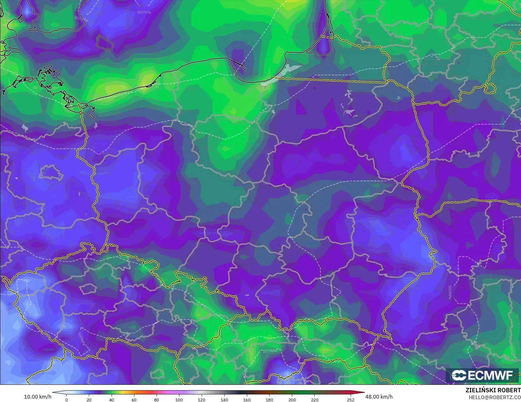 ECMWF IFS 0.25° modelo - Polonia, Ráfagas de viento