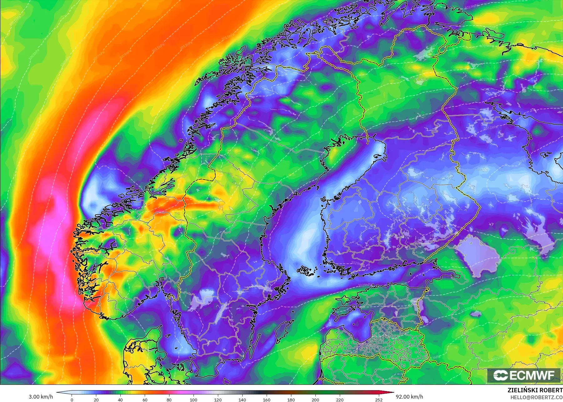ECMWF IFS 0.25° modelo - Escandinavia, Ráfagas de viento