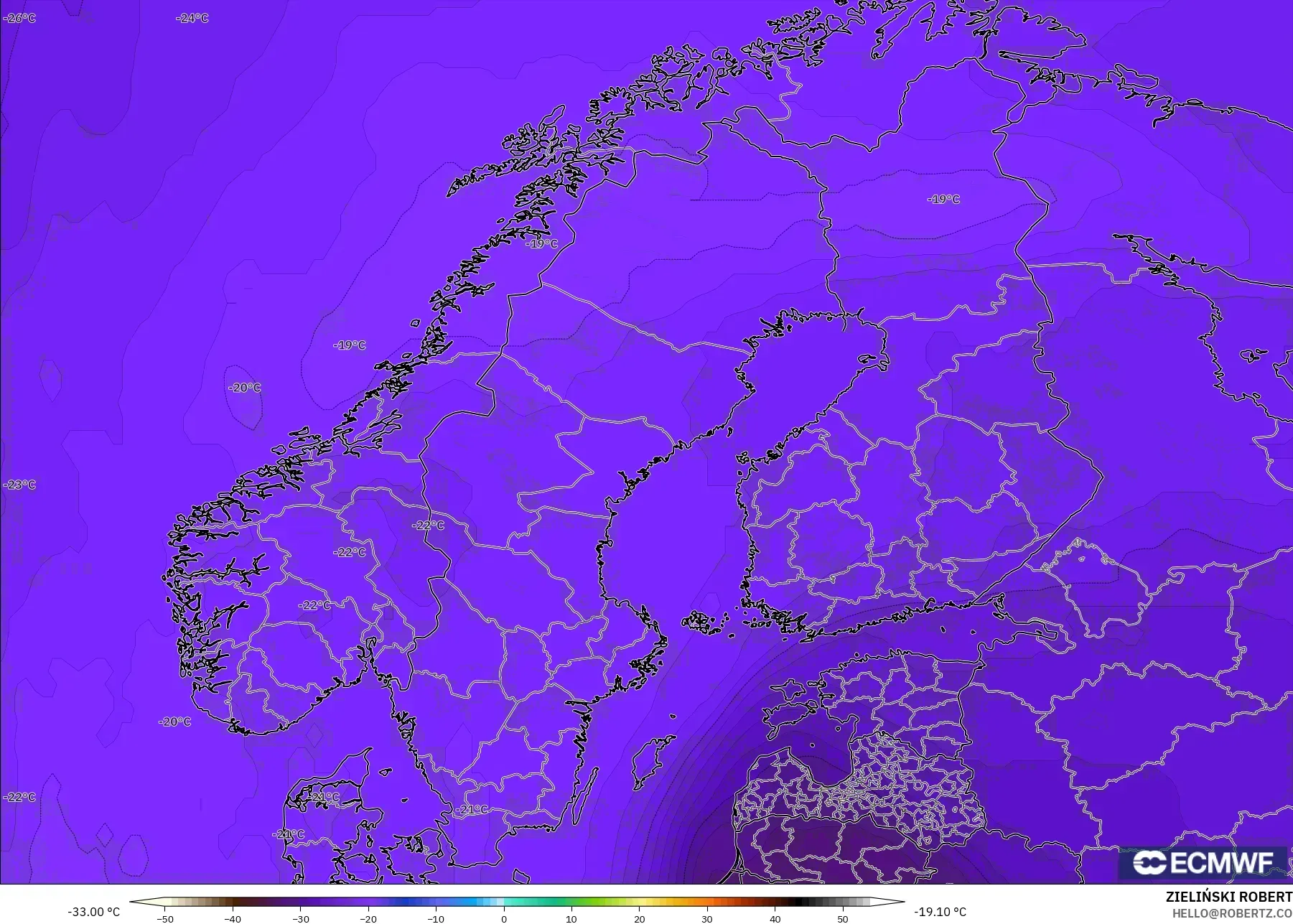 ECMWF IFS 0.25° modelo - Escandinavia, Temperatura a 500 hPa