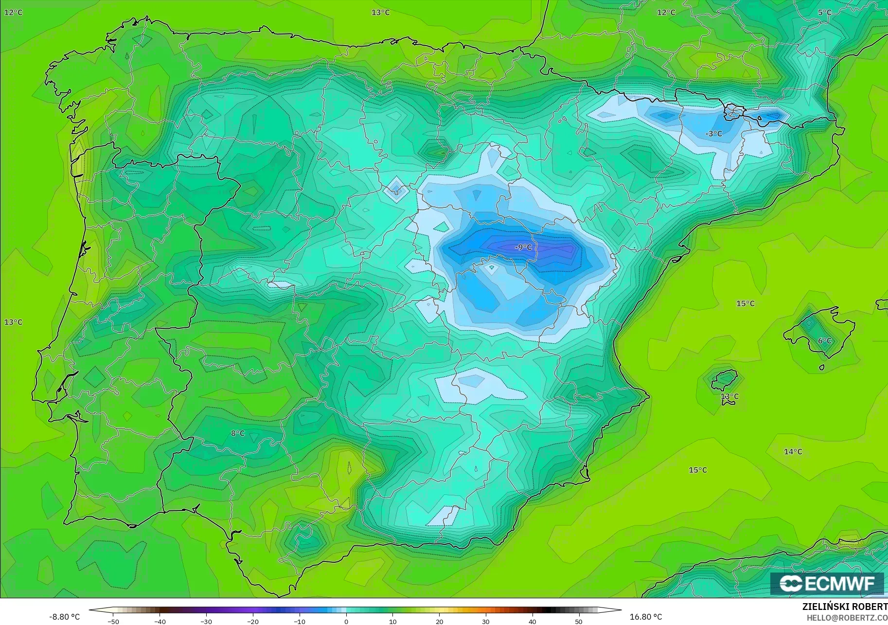 ECMWF IFS 0.25° modelo - España, Punto de rocío a 2 m