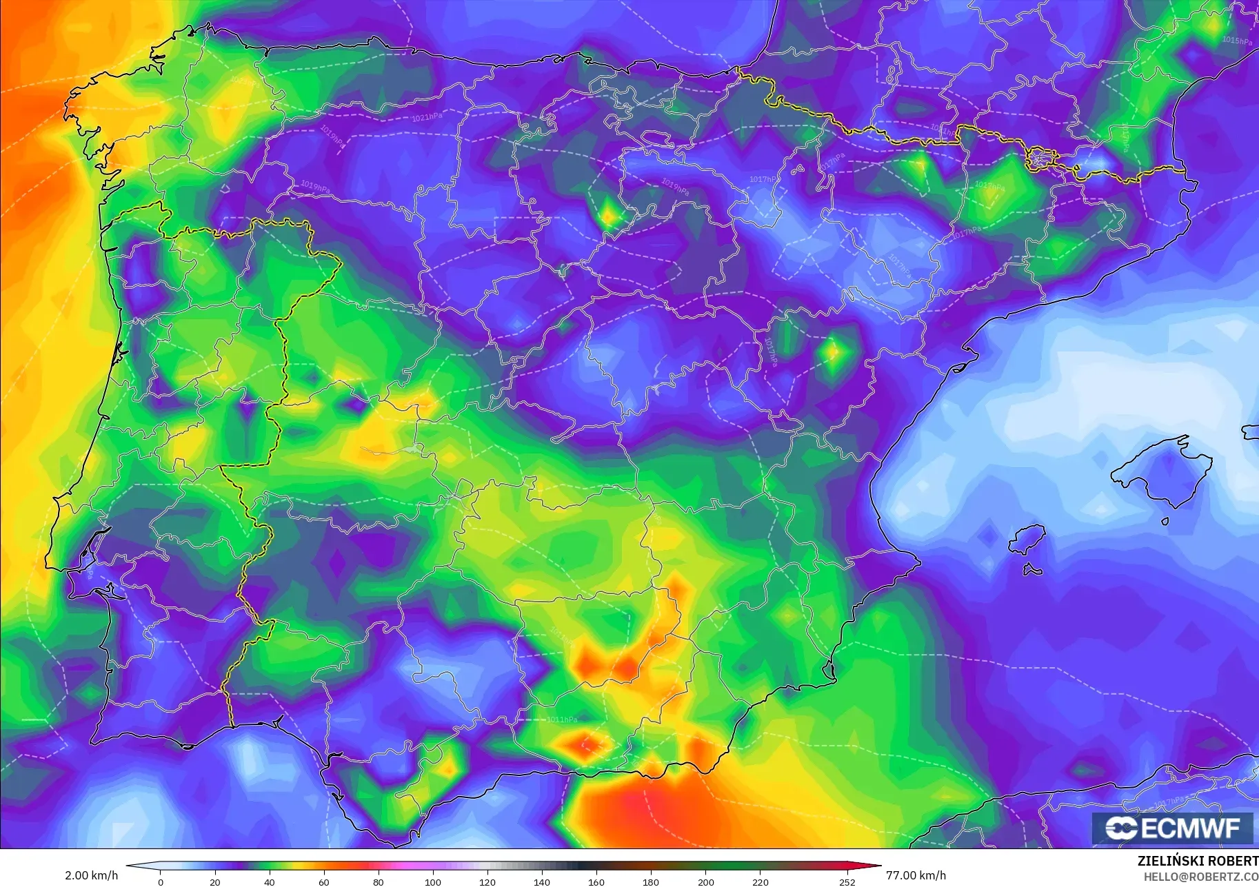ECMWF IFS 0.25° modelo - España, Ráfagas de Viento Máximas