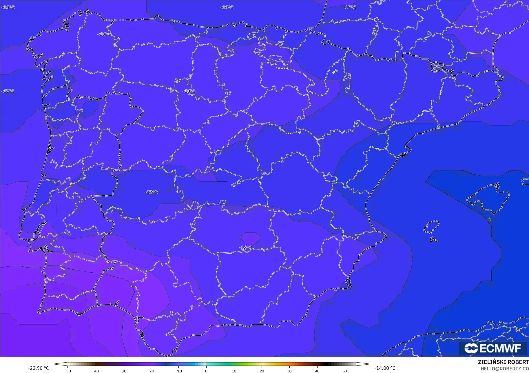 ECMWF IFS 0.25° modelo - España, Temperatura a 500 hPa
