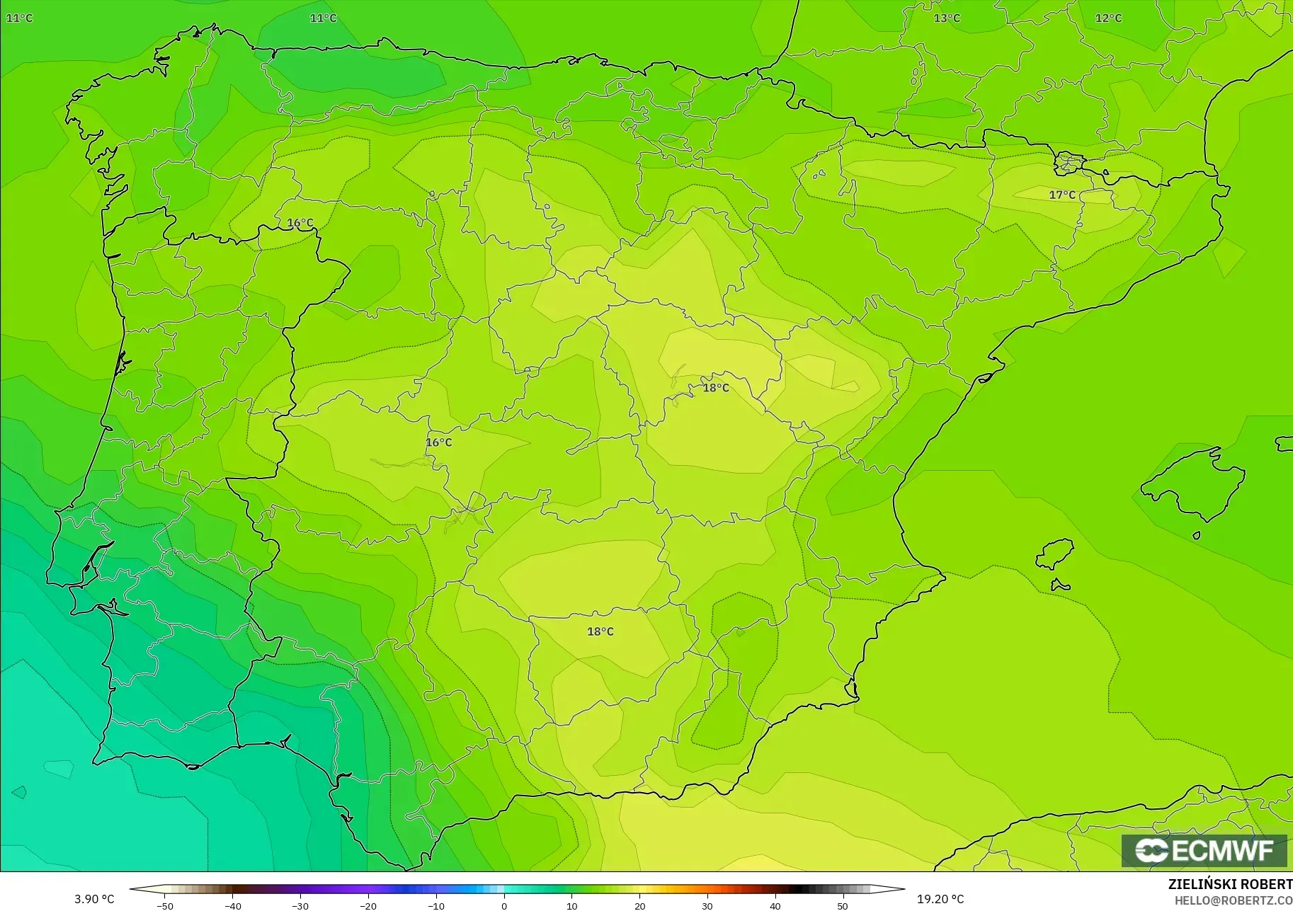 ECMWF IFS 0.25° modelo - España, Temperatura a 850 hPa