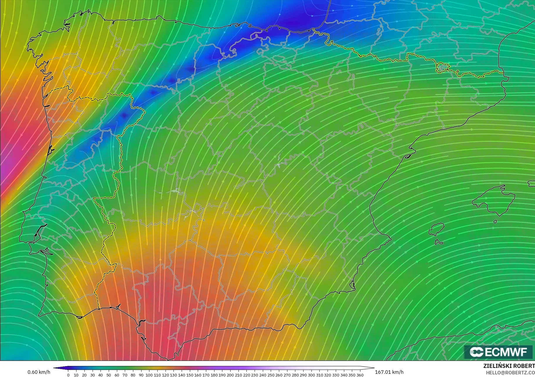 ECMWF IFS 0.25° modelo - España, Viento a 300 hPa (corriente en chorro)