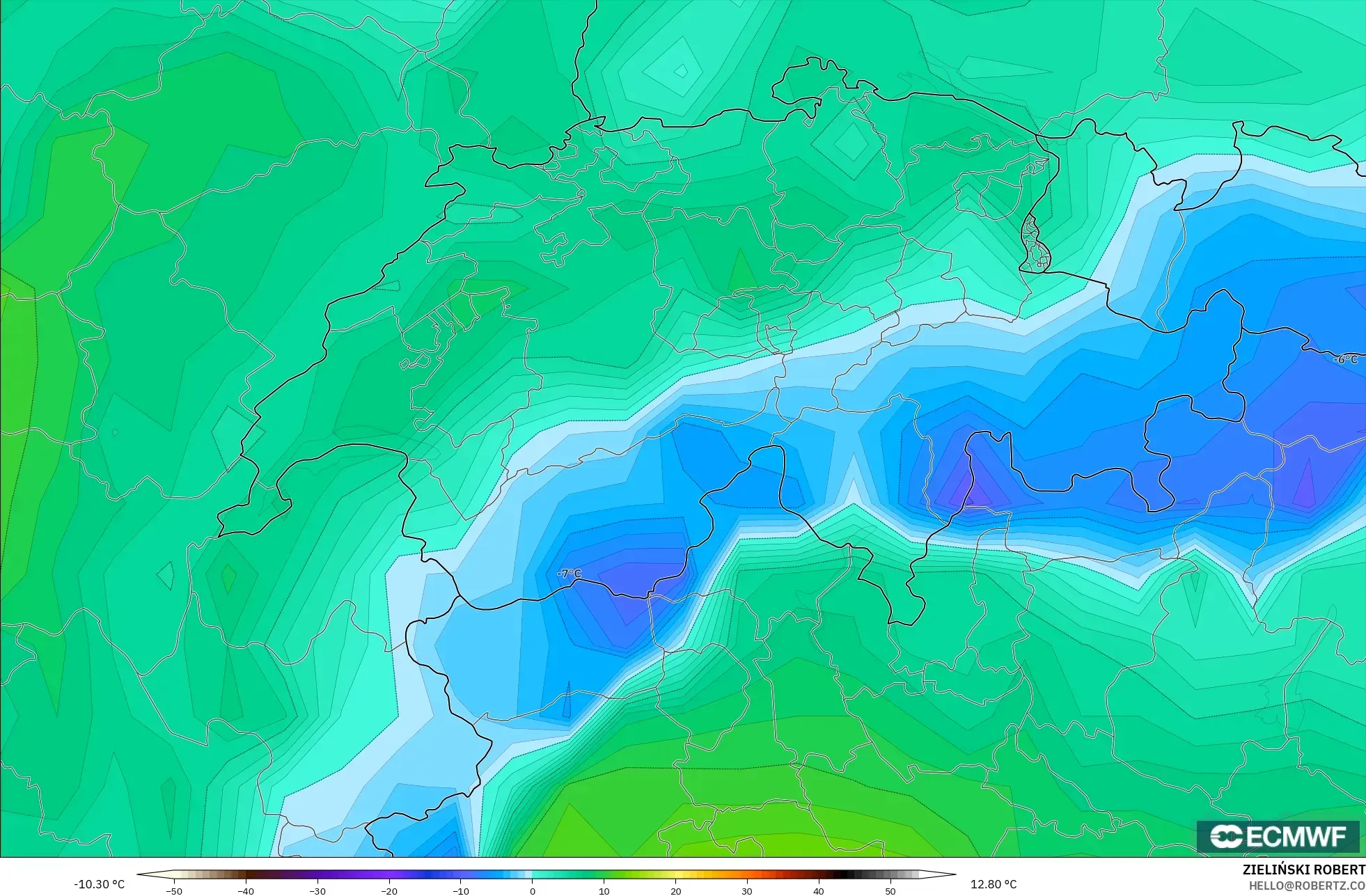 ECMWF IFS 0.25° modelo - Suiza, Punto de rocío a 2 m