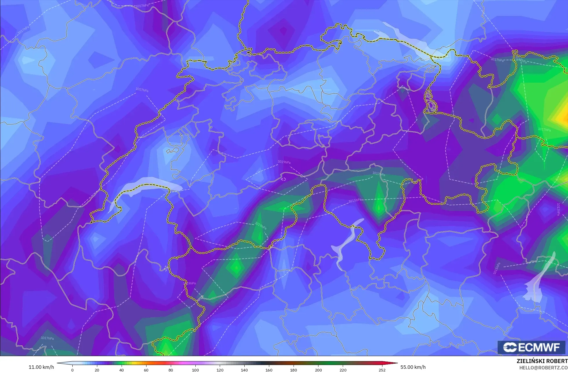 ECMWF IFS 0.25° modelo - Suiza, Ráfagas de viento