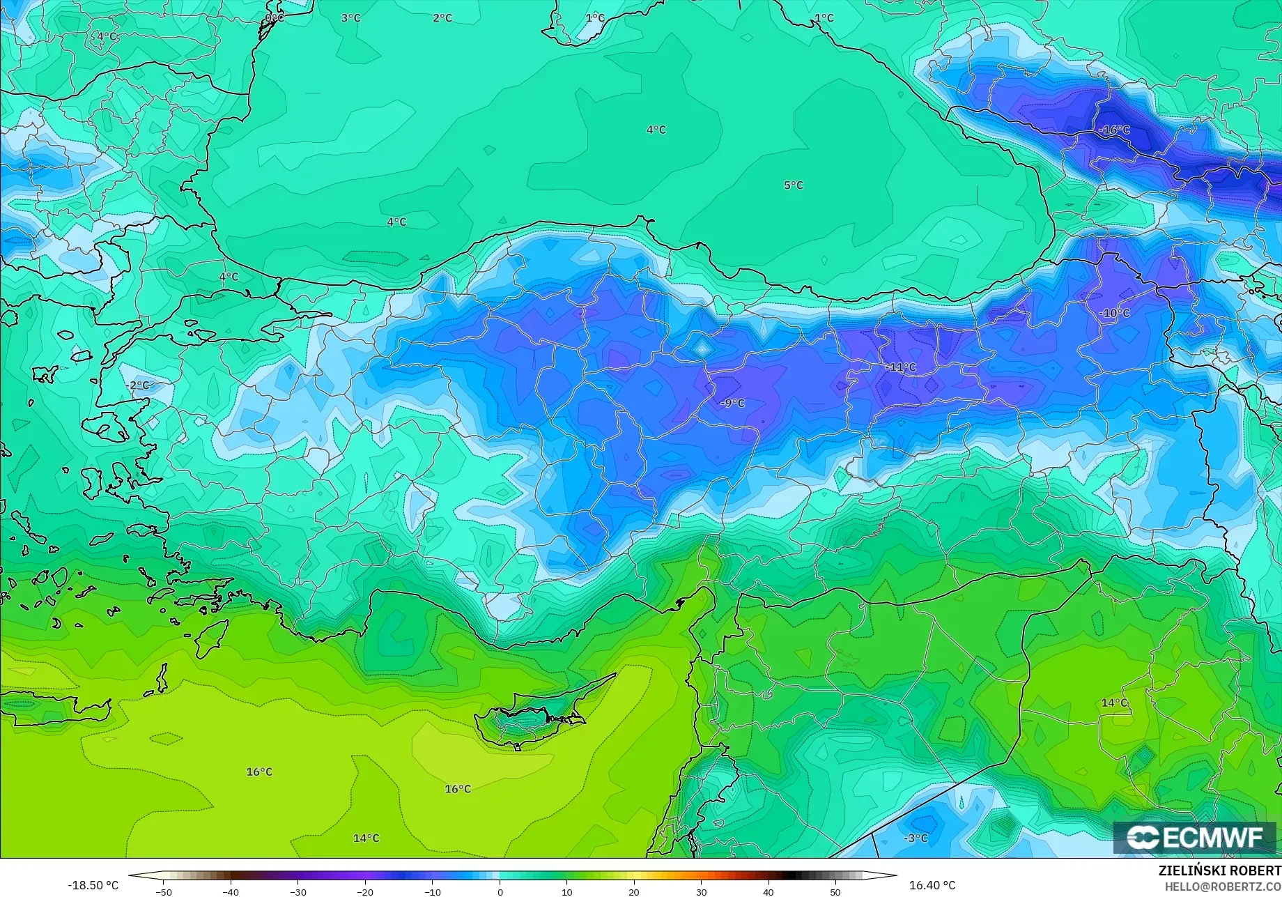 ECMWF IFS 0.25° modelo - Turquía, Punto de rocío a 2 m