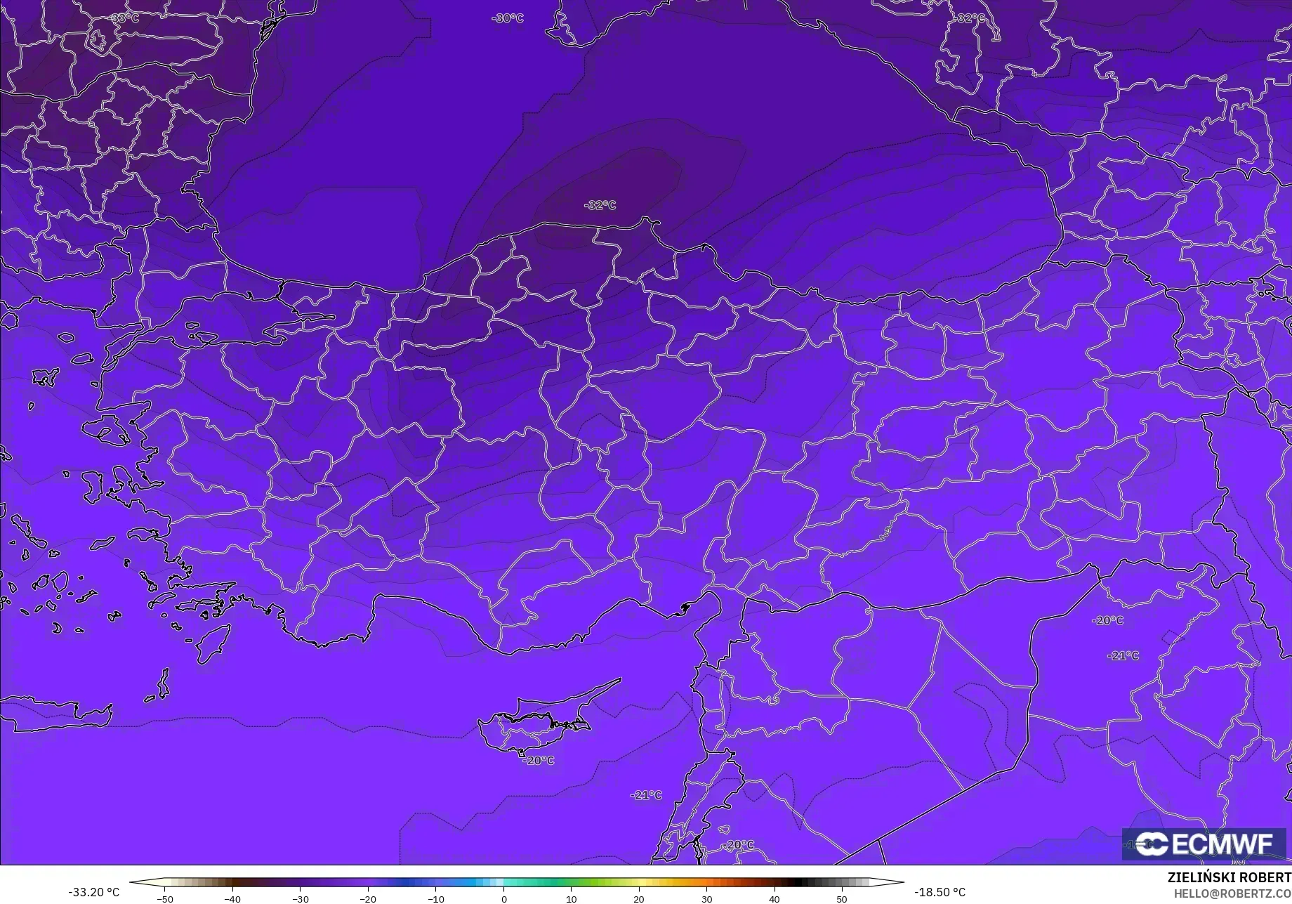 ECMWF IFS 0.25° modelo - Turquía, Temperatura a 500 hPa