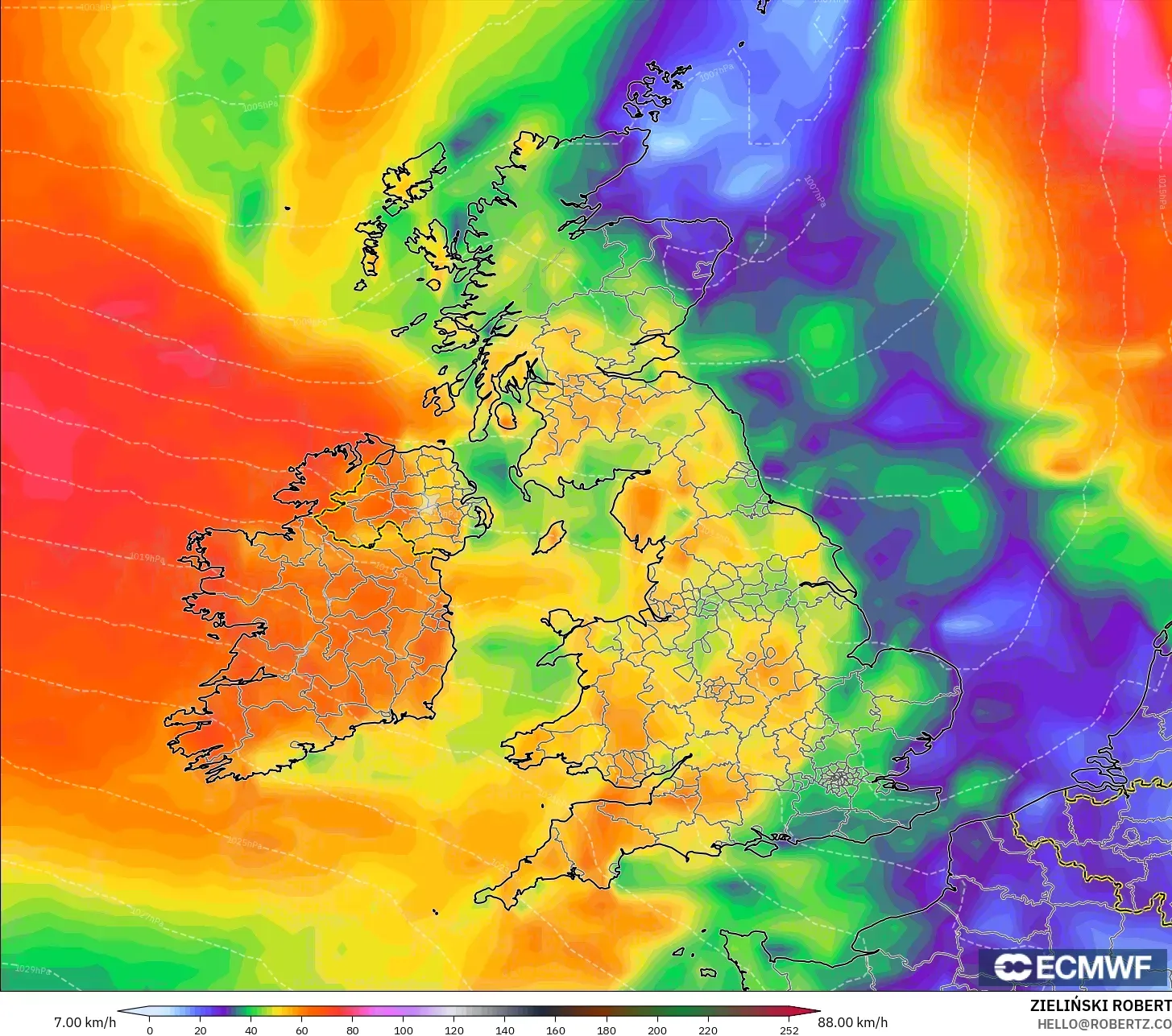 ECMWF IFS 0.25° modelo - Reino Unido, Ráfagas de viento