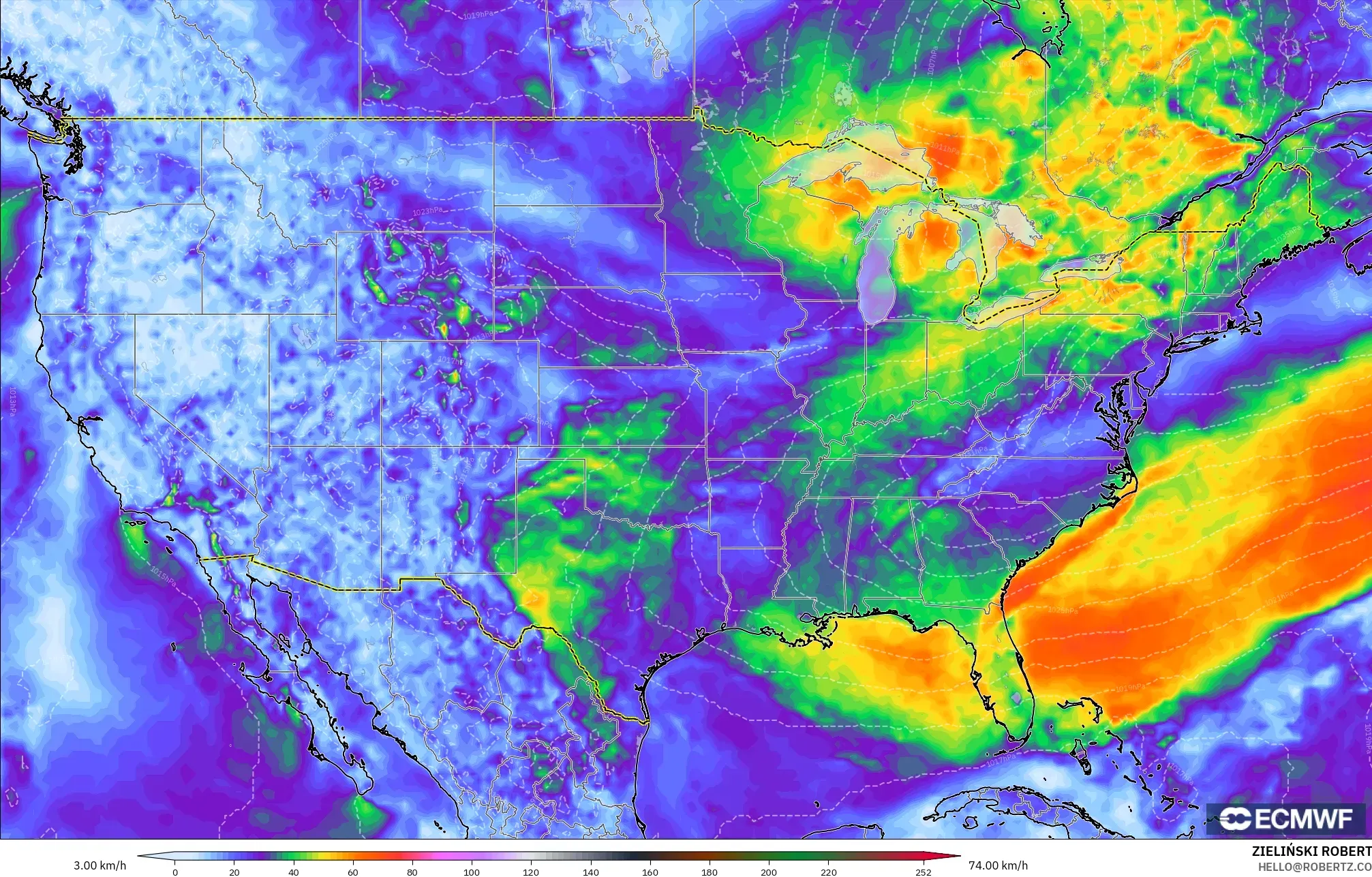 ECMWF IFS 0.25° modelo - Estados Unidos, Ráfagas de viento