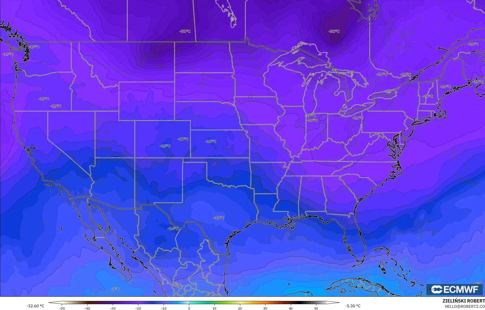 ECMWF IFS 0.25° modelo - Estados Unidos, Temperatura a 500 hPa