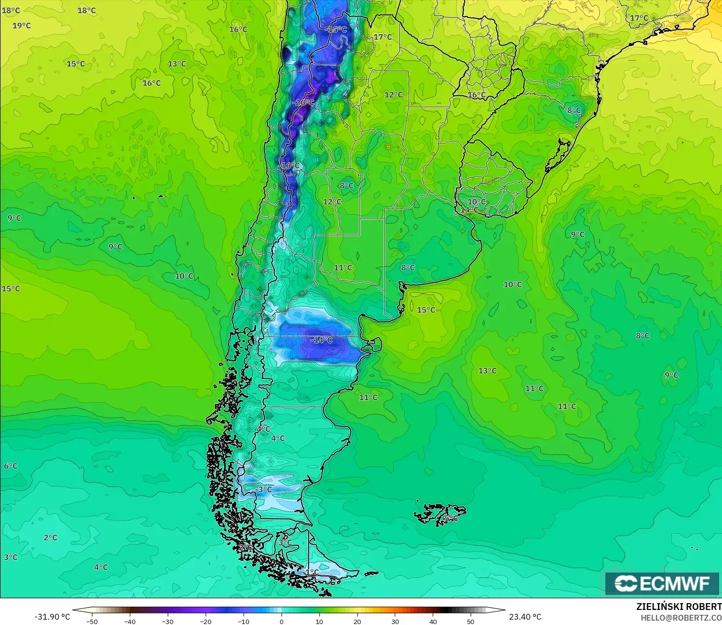 ECMWF IFS 0.25° modelo - Argentina, Punto de rocío a 2 m