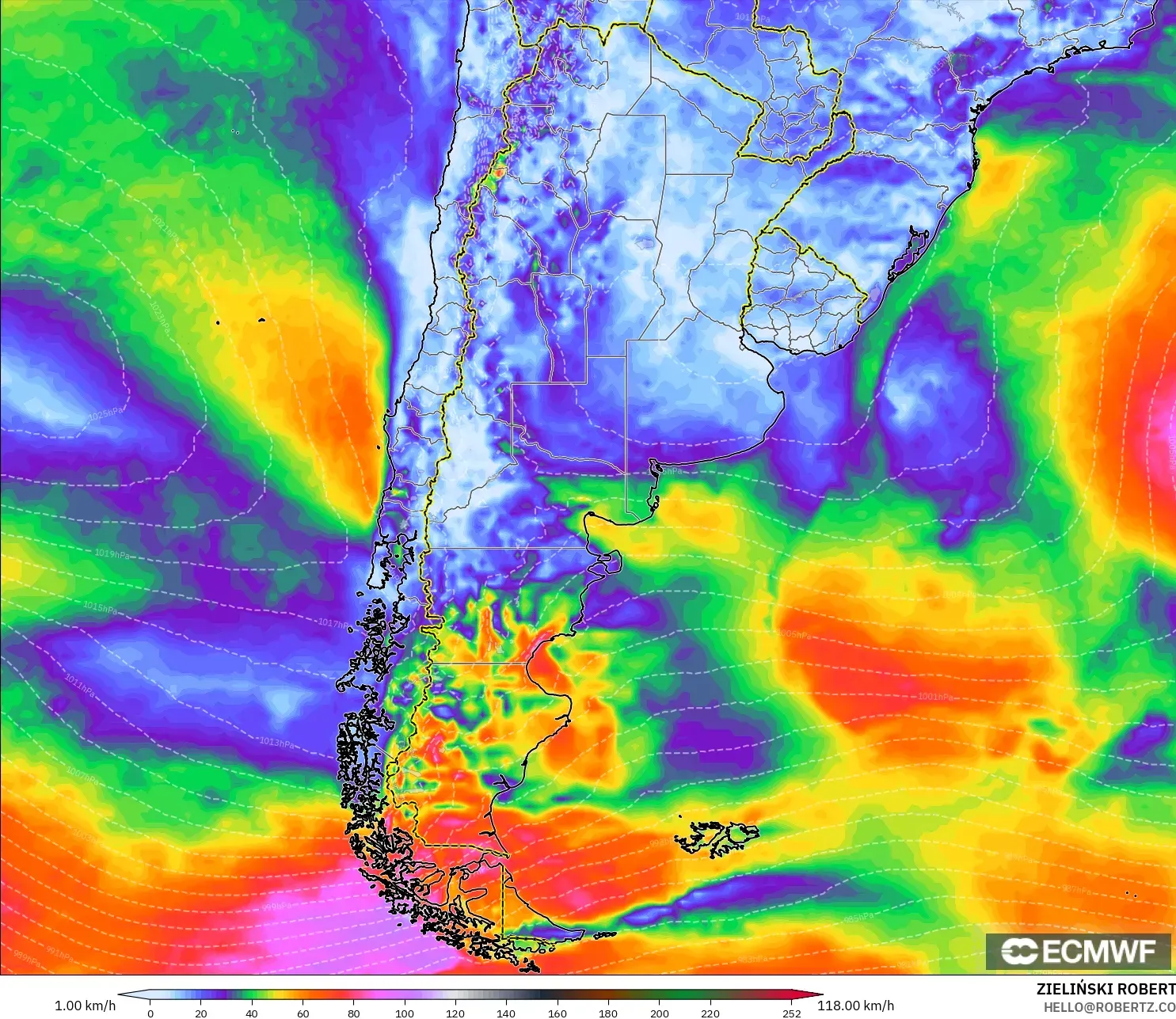 ECMWF IFS 0.25° modelo - Argentina, Ráfagas de viento