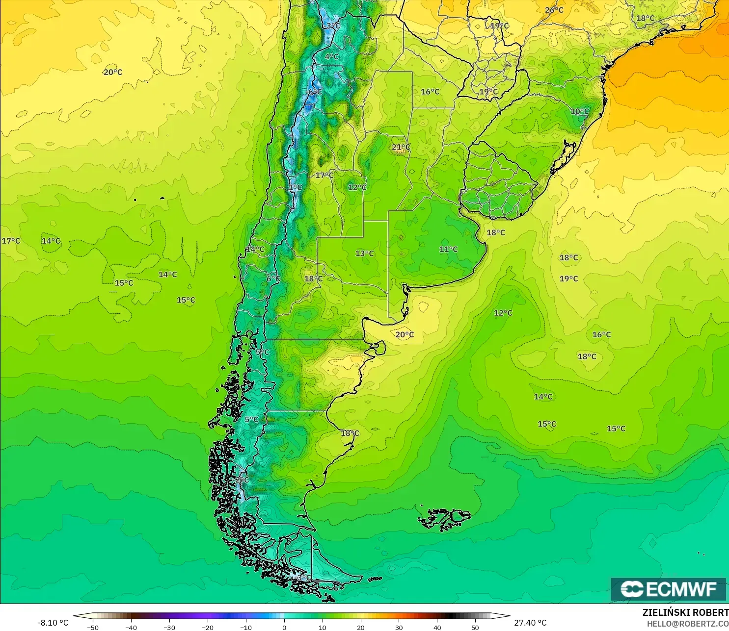 ECMWF IFS 0.25° modelo - Argentina, Temperatura a 2 m
