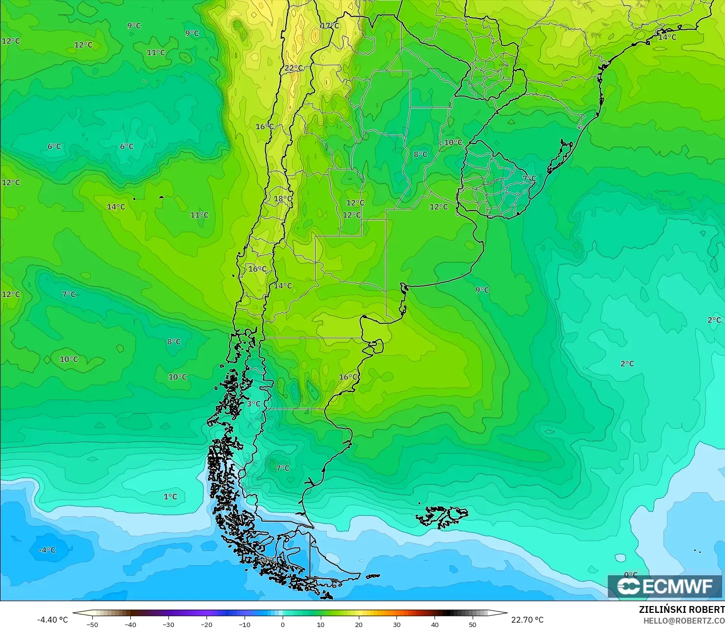 ECMWF IFS 0.25° modelo - Argentina, Temperatura a 850 hPa