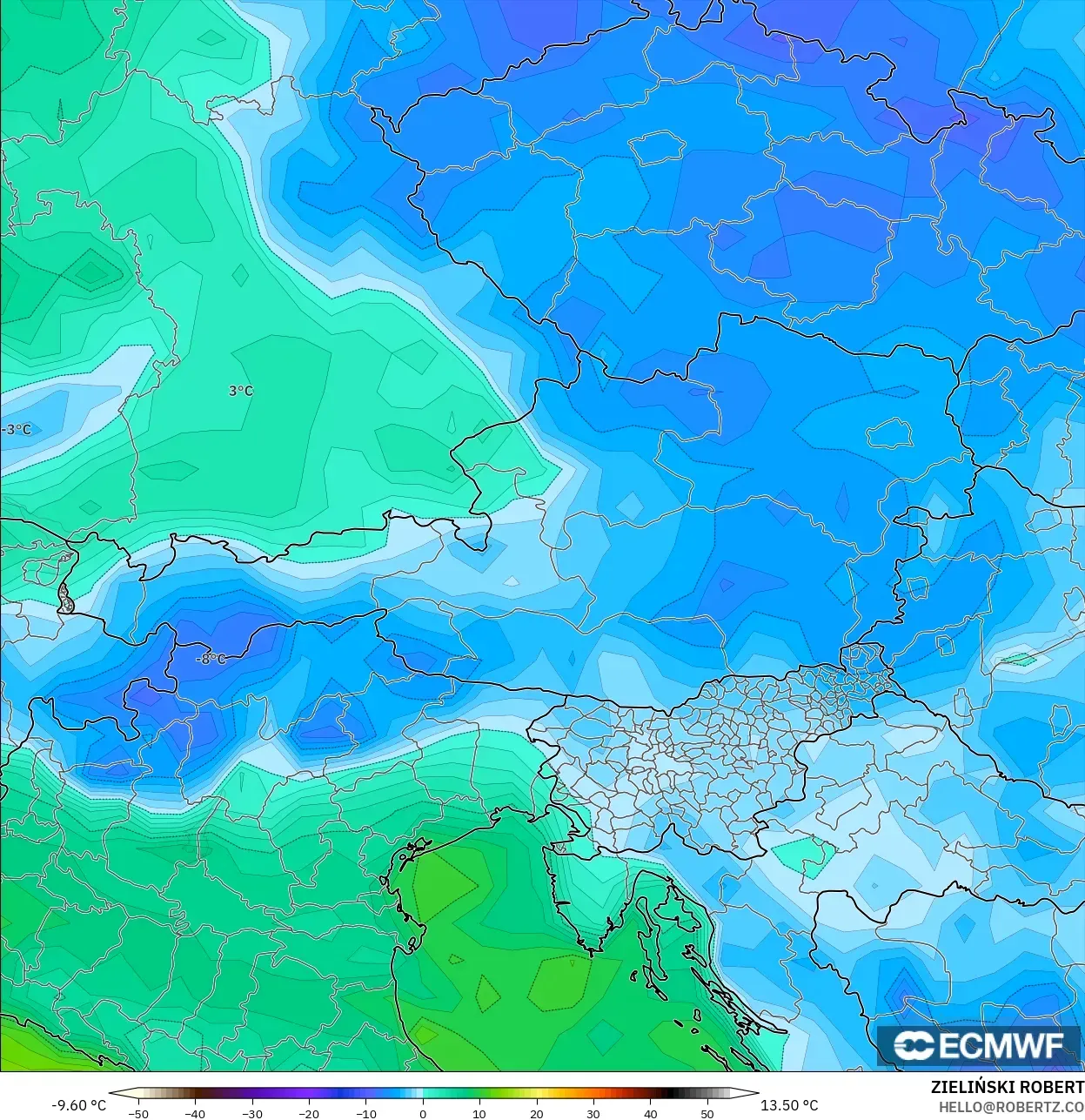 ECMWF IFS 0.25° modelo - Austria, Punto de rocío a 2 m