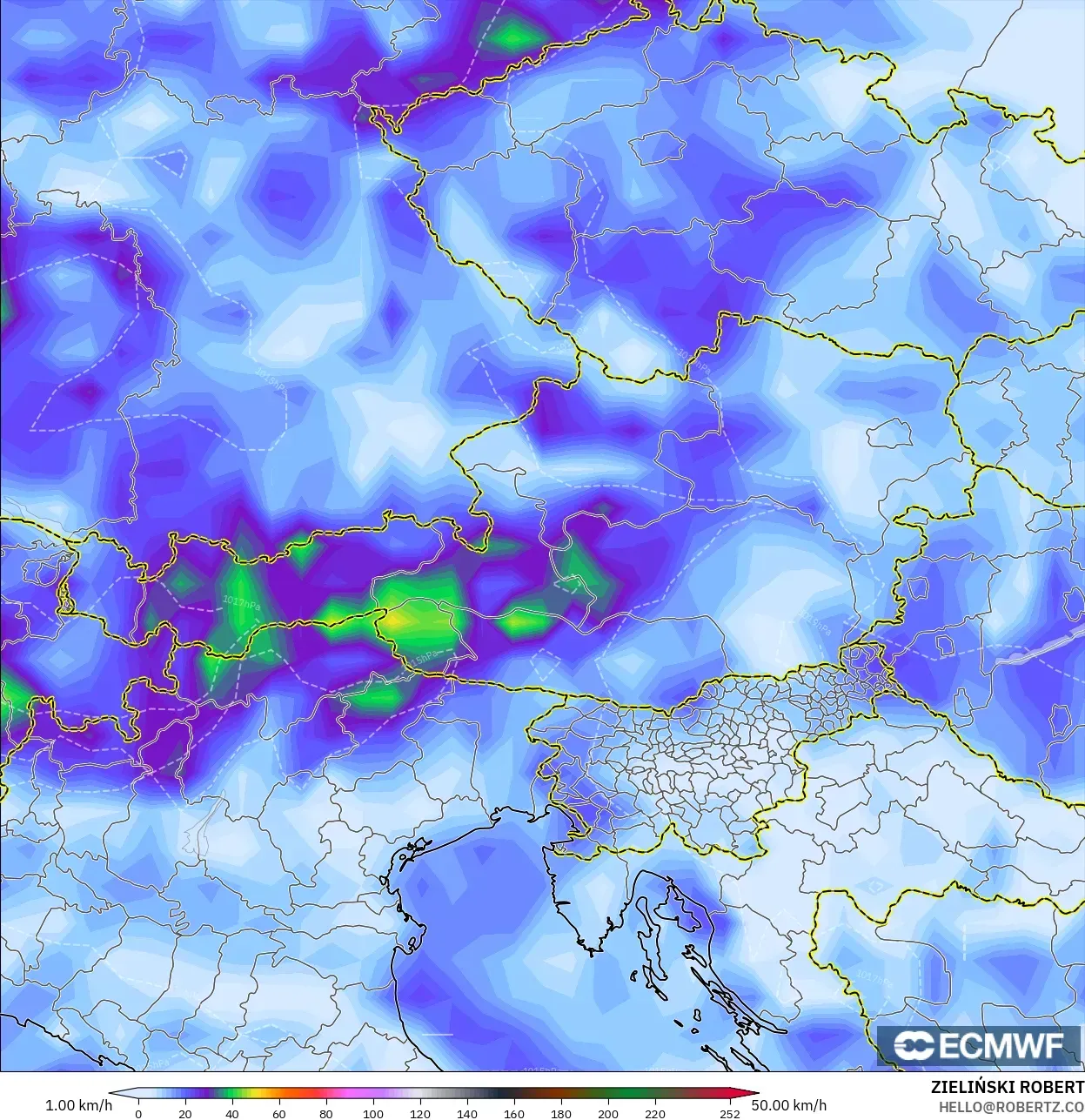 ECMWF IFS 0.25° modelo - Austria, Ráfagas de viento