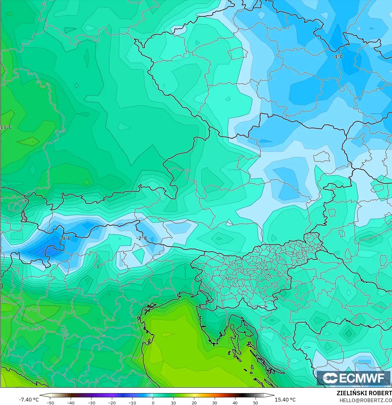 ECMWF IFS 0.25° modelo - Austria, Temperatura a 2 m