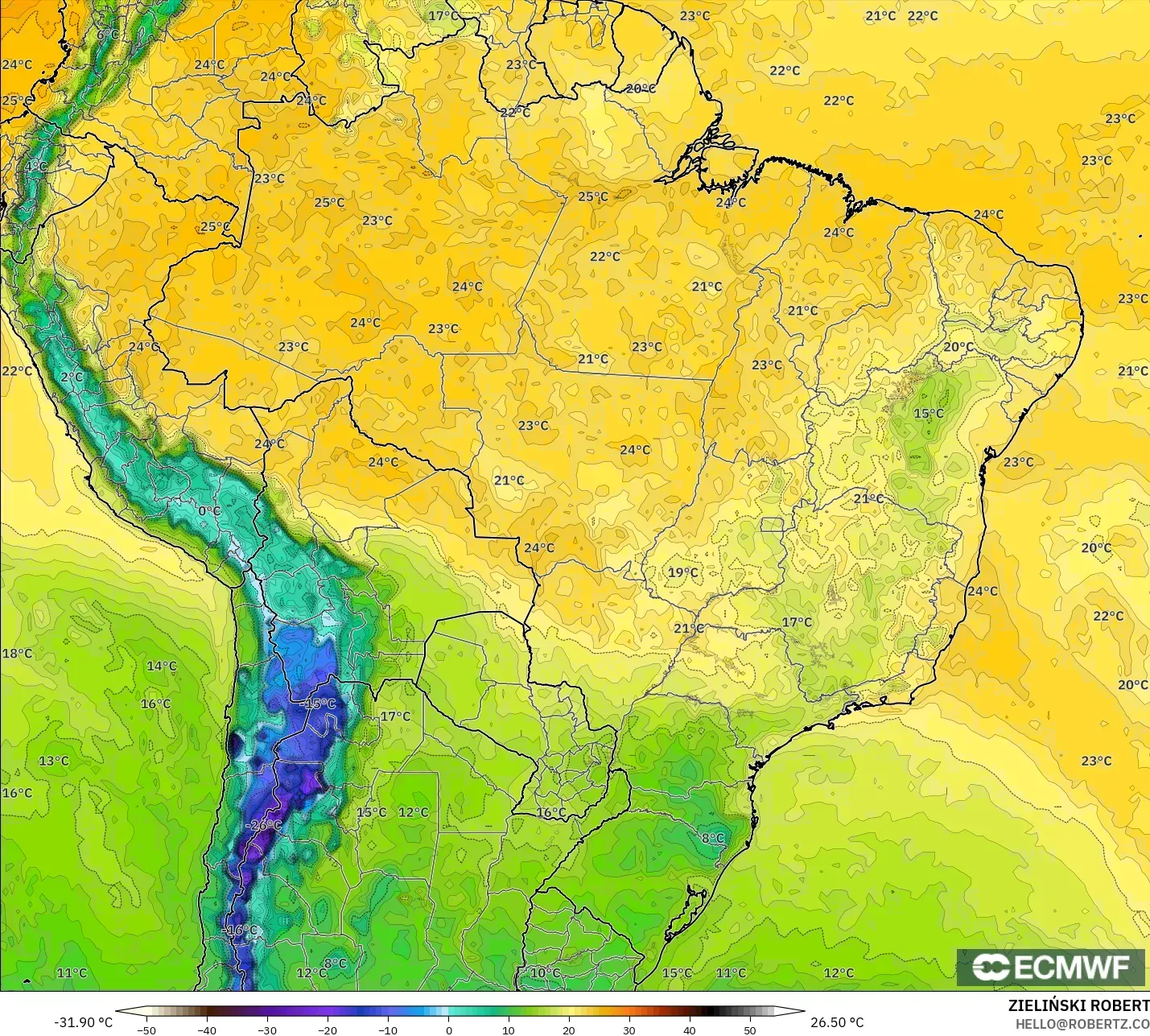 ECMWF IFS 0.25° modelo - Brasil, Punto de rocío a 2 m
