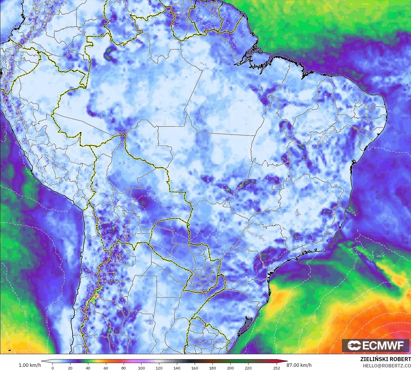 ECMWF IFS 0.25° modelo - Brasil, Ráfagas de Viento Máximas