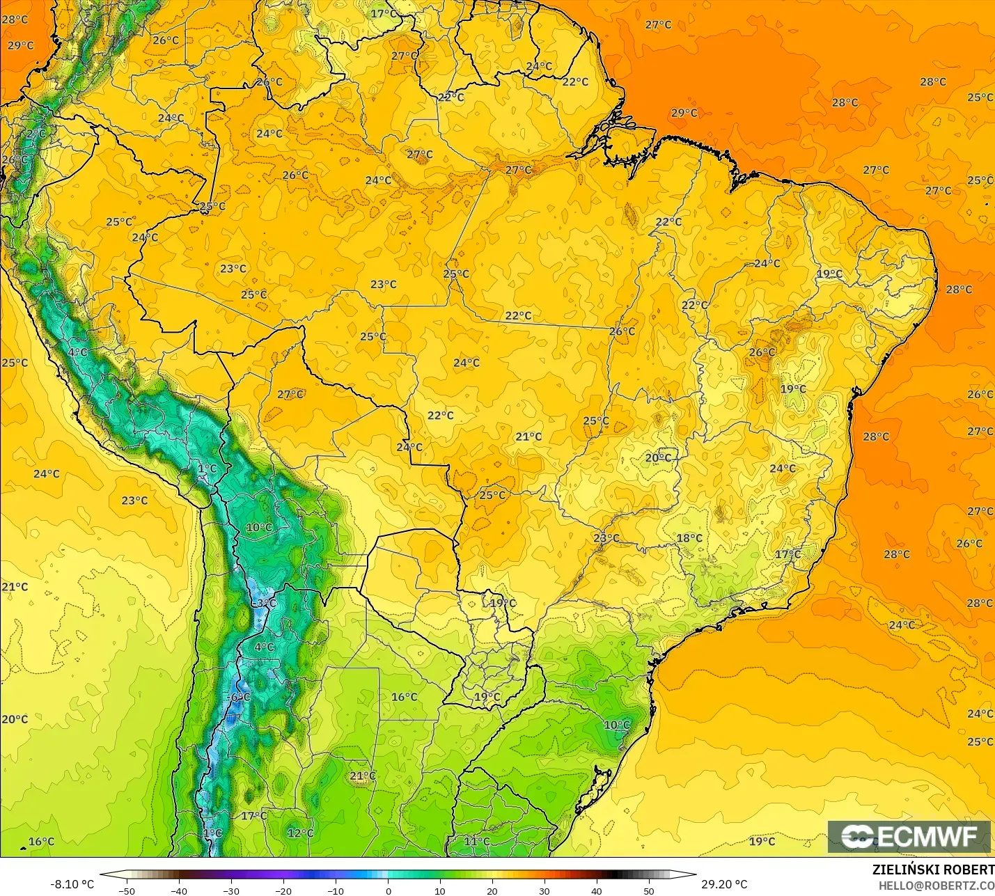 ECMWF IFS 0.25° modelo - Brasil, Temperatura a 2 m