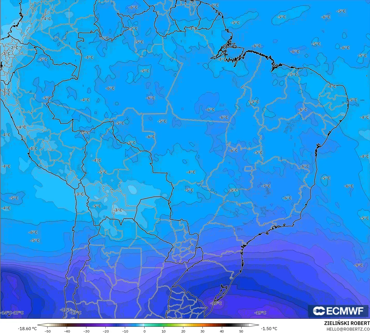 ECMWF IFS 0.25° modelo - Brasil, Temperatura a 500 hPa