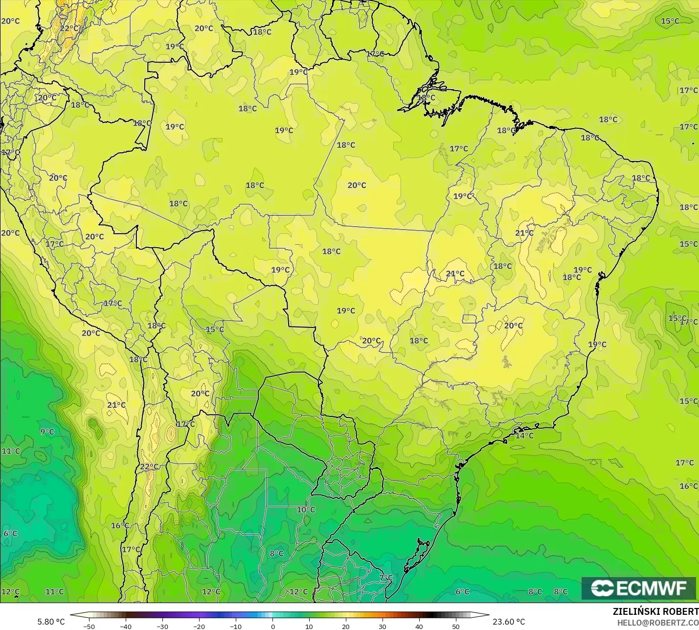 ECMWF IFS 0.25° modelo - Brasil, Temperatura a 850 hPa