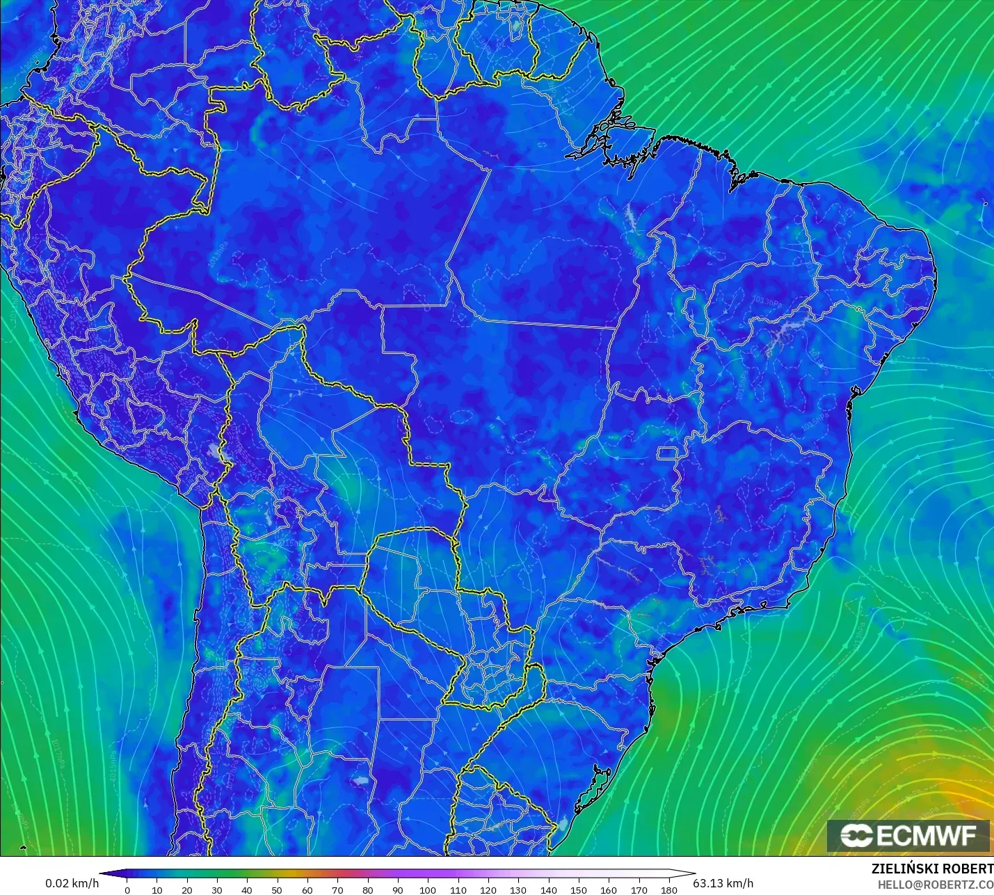 ECMWF IFS 0.25° modelo - Brasil, Viento a 10 m