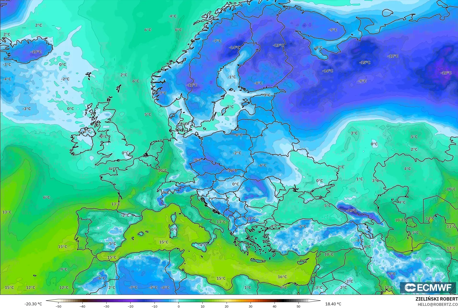 ECMWF IFS 0.25° modelo - Europa, Punto de rocío a 2 m
