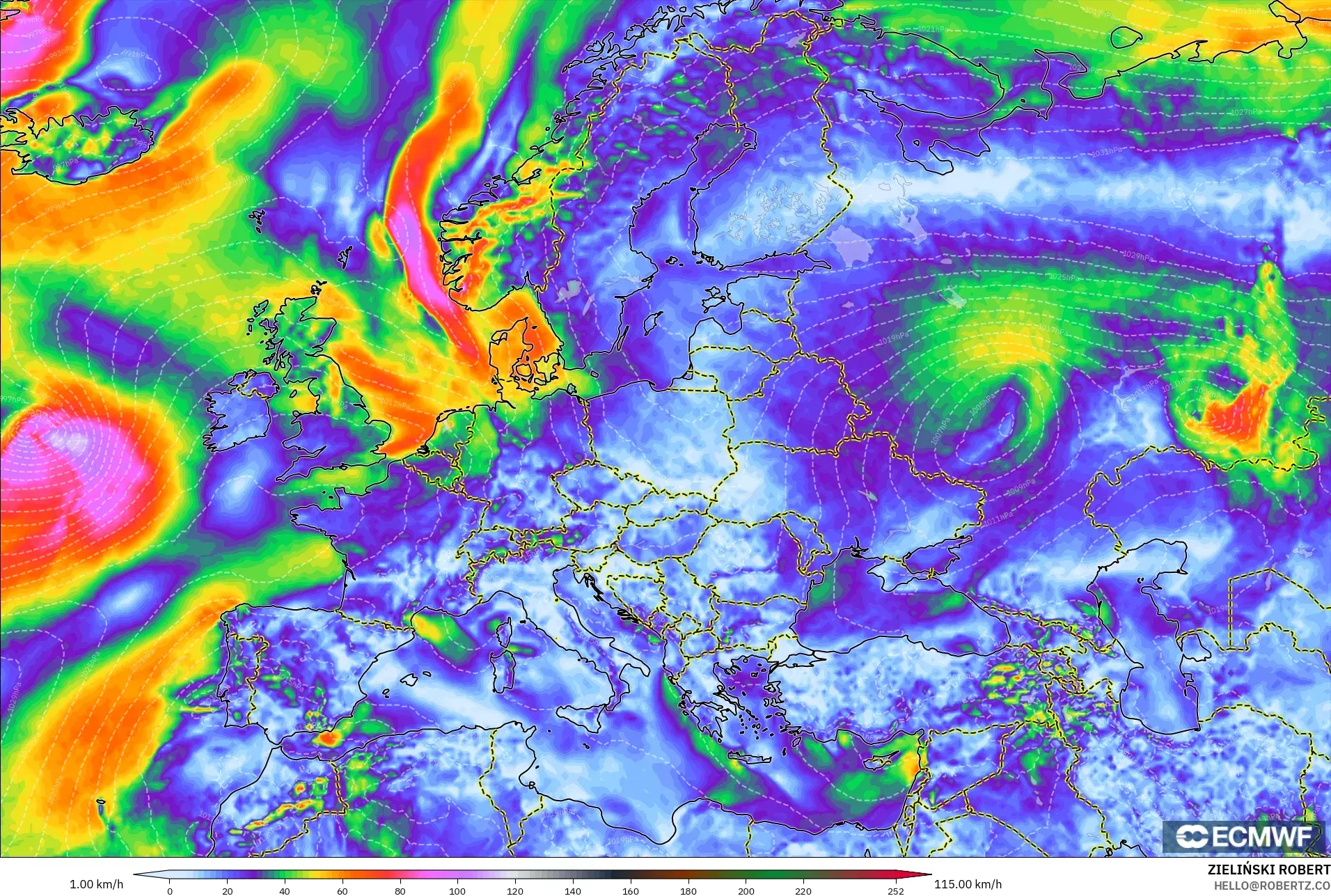 ECMWF IFS 0.25° modelo - Europa, Ráfagas de viento