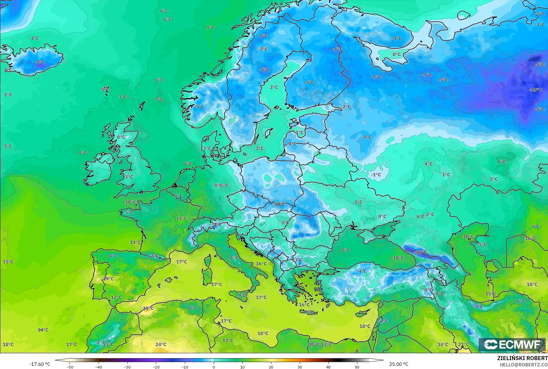 ECMWF IFS 0.25° modelo - Europa, Temperatura a 2 m