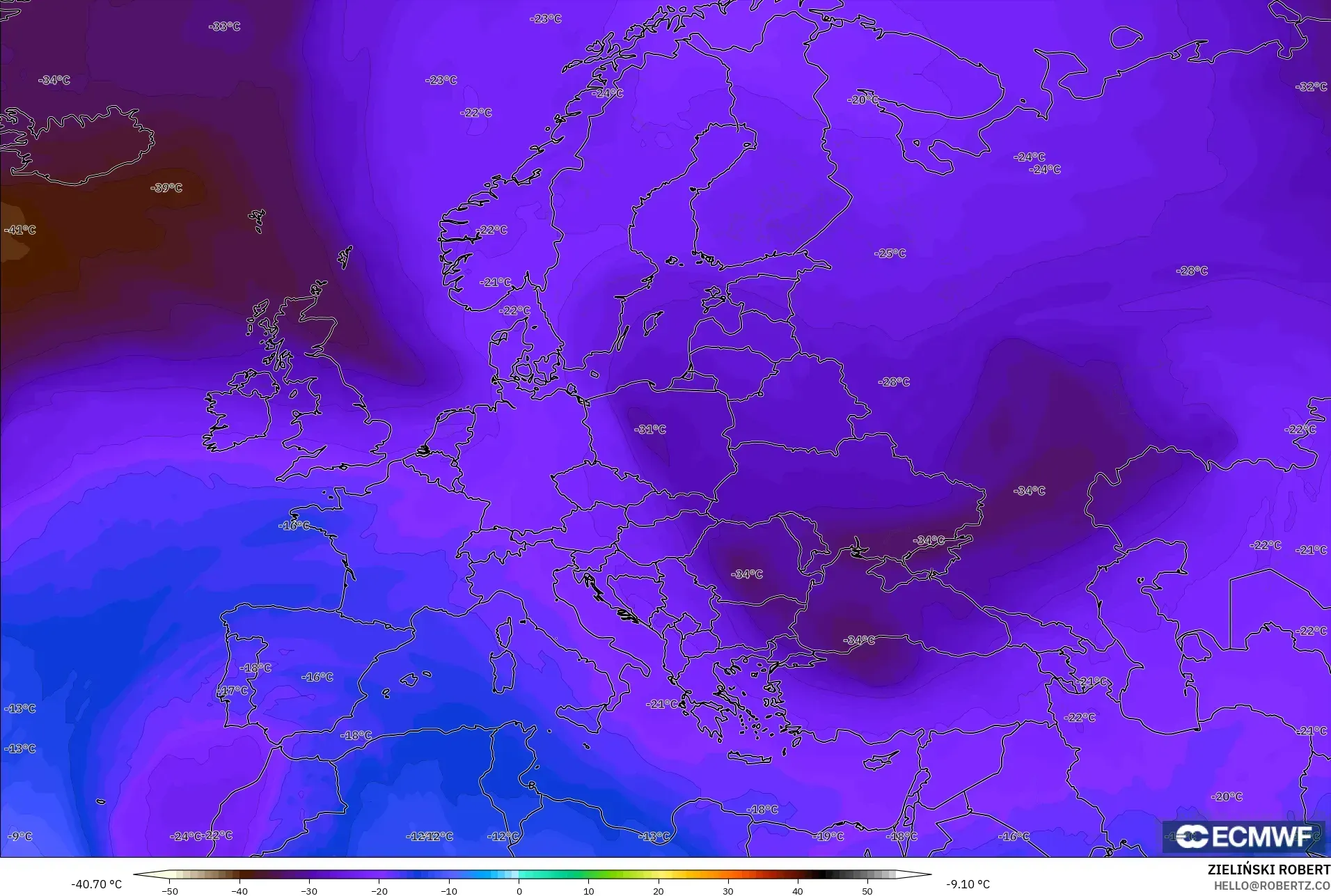 ECMWF IFS 0.25° modelo - Europa, Temperatura a 500 hPa