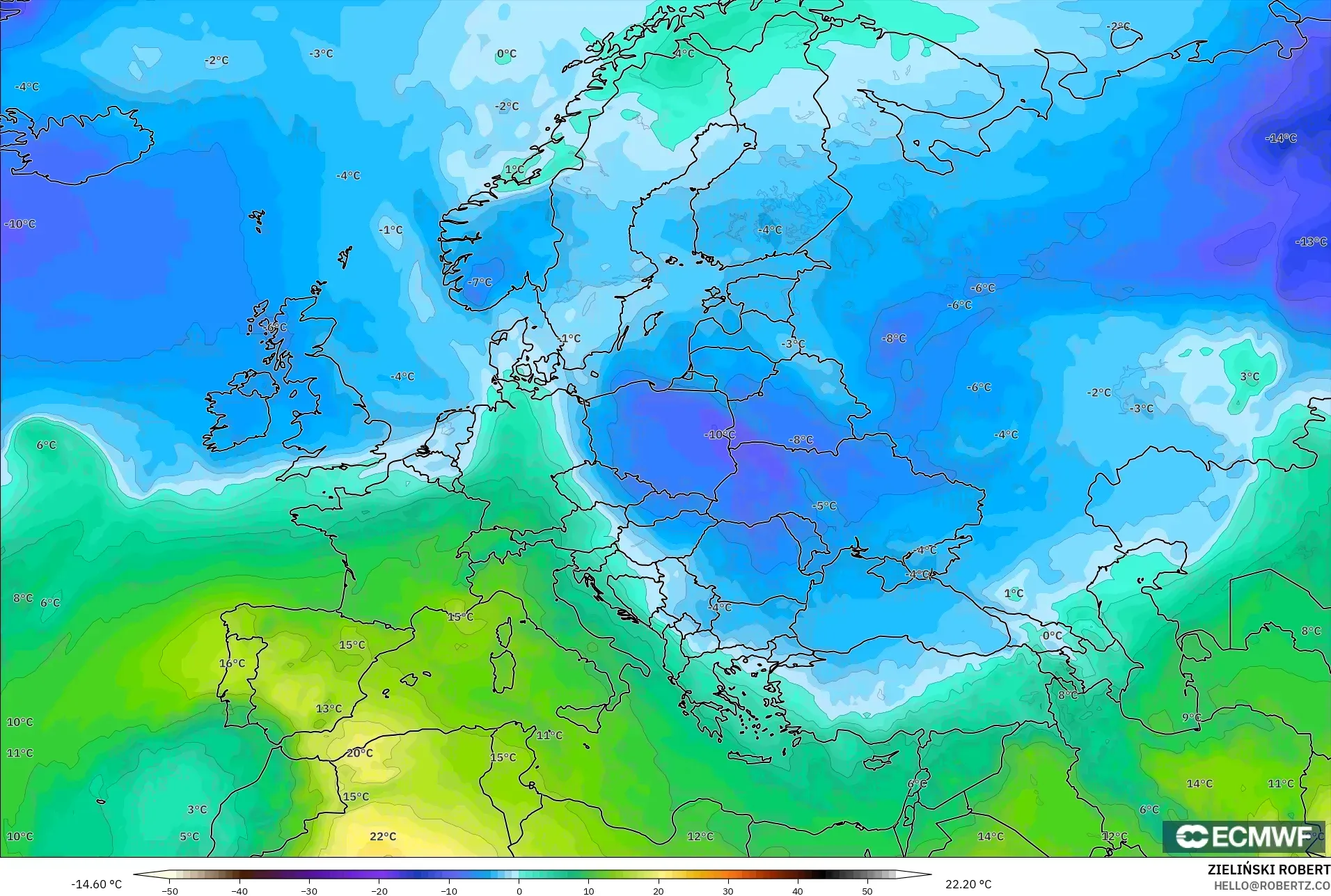ECMWF IFS 0.25° modelo - Europa, Temperatura a 850 hPa