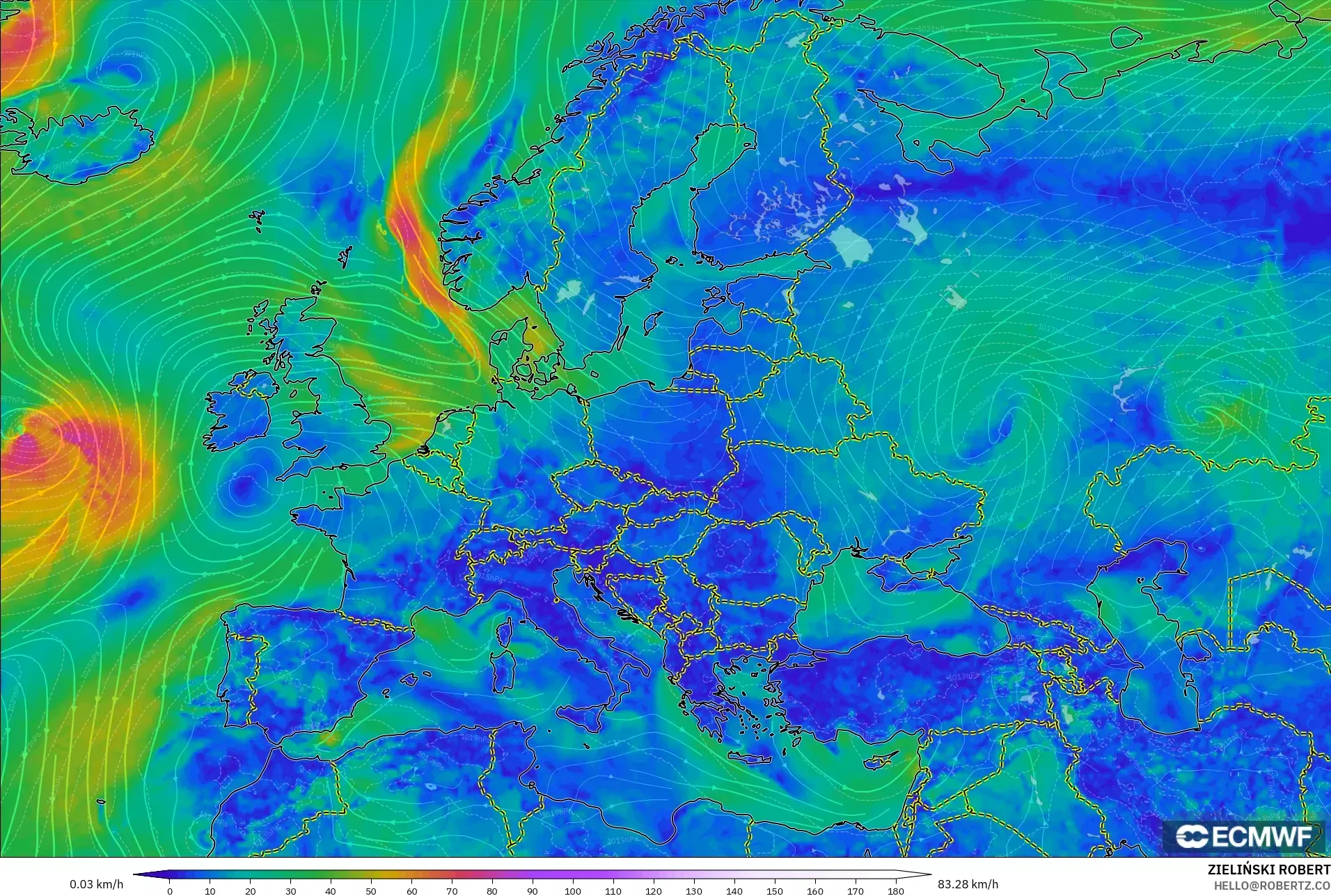 ECMWF IFS 0.25° modelo - Europa, Viento a 10 m