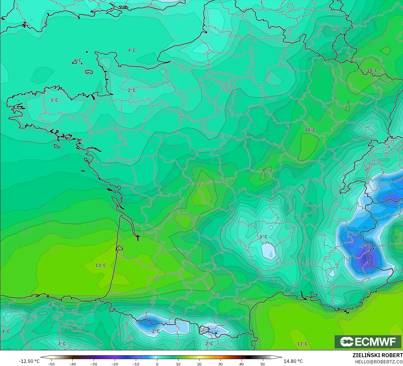 ECMWF IFS 0.25° modelo - Francia, Punto de rocío a 2 m