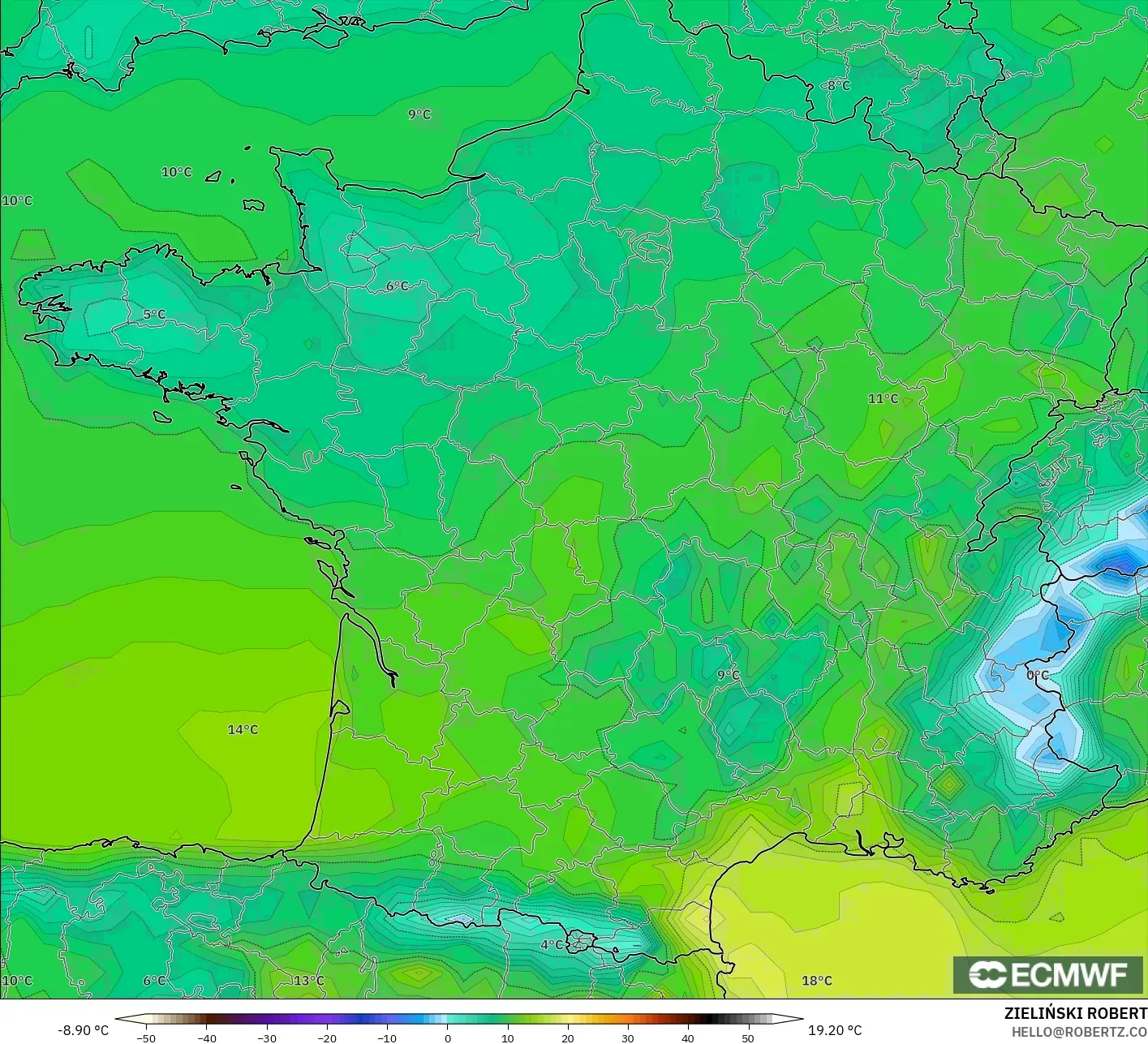 ECMWF IFS 0.25° modelo - Francia, Temperatura a 2 m