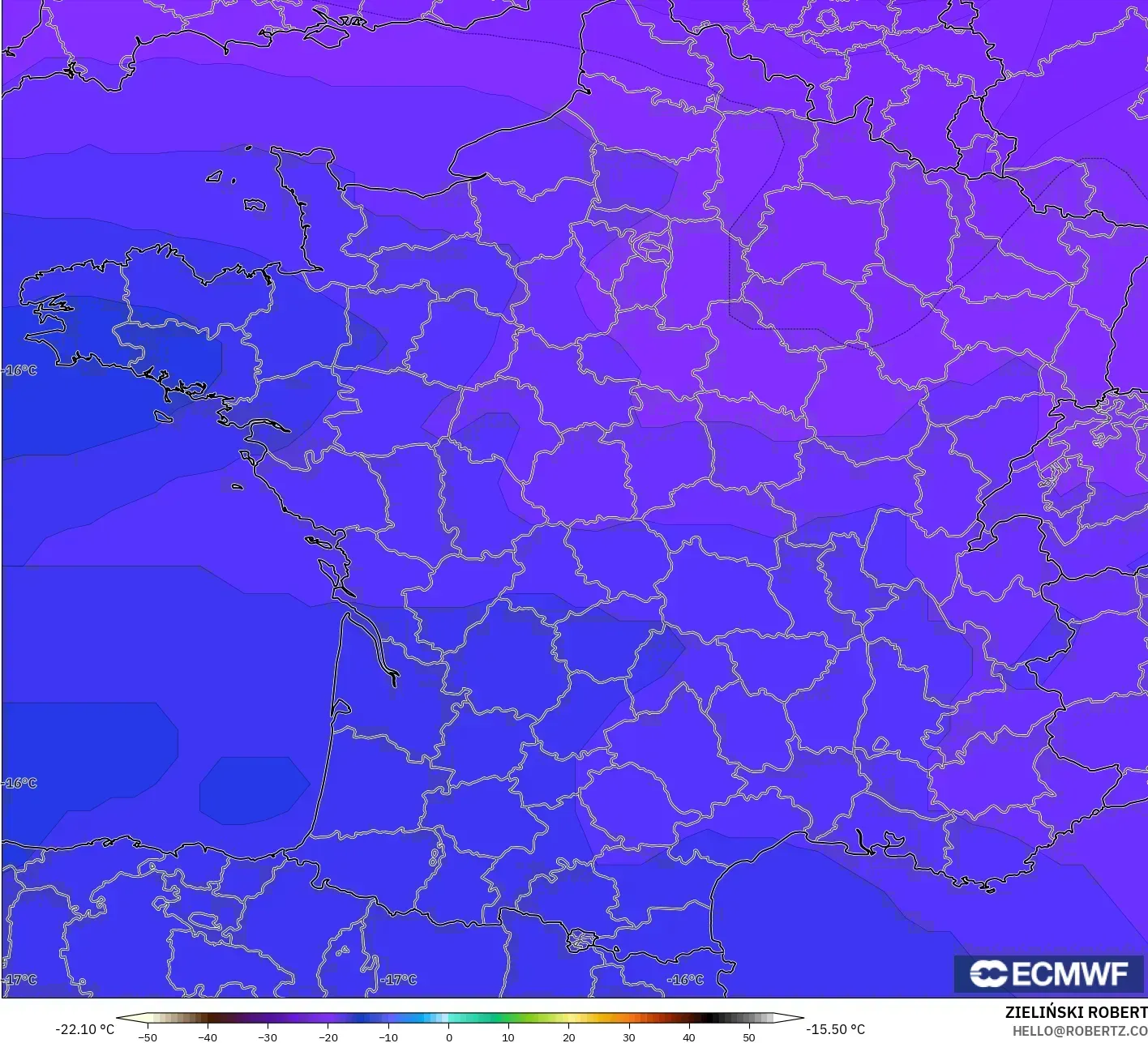 ECMWF IFS 0.25° modelo - Francia, Temperatura a 500 hPa
