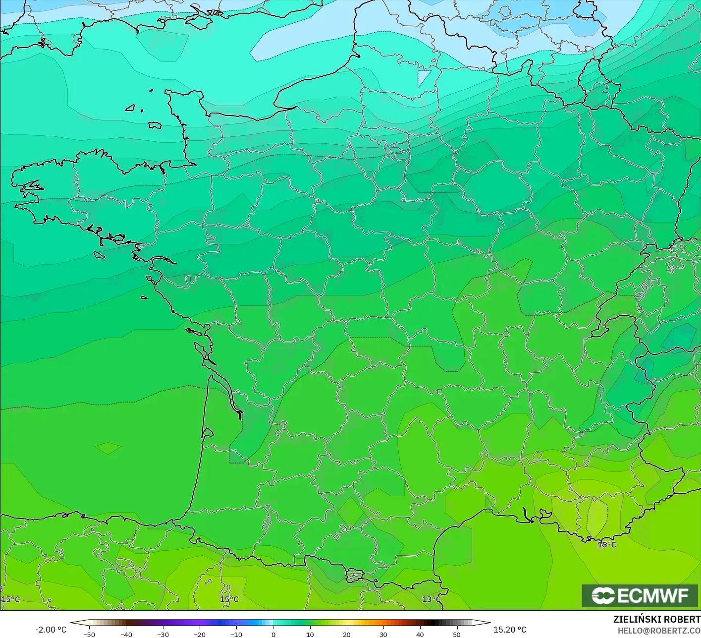 ECMWF IFS 0.25° modelo - Francia, Temperatura a 850 hPa