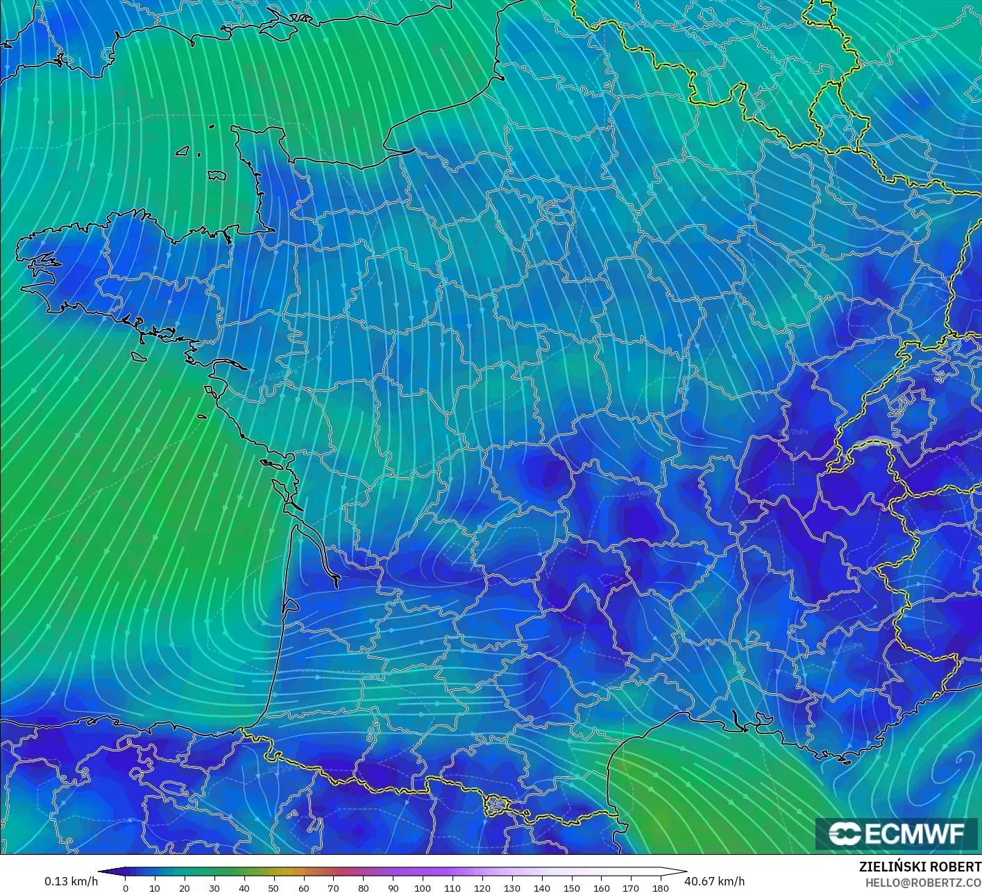 ECMWF IFS 0.25° modelo - Francia, Viento a 10 m